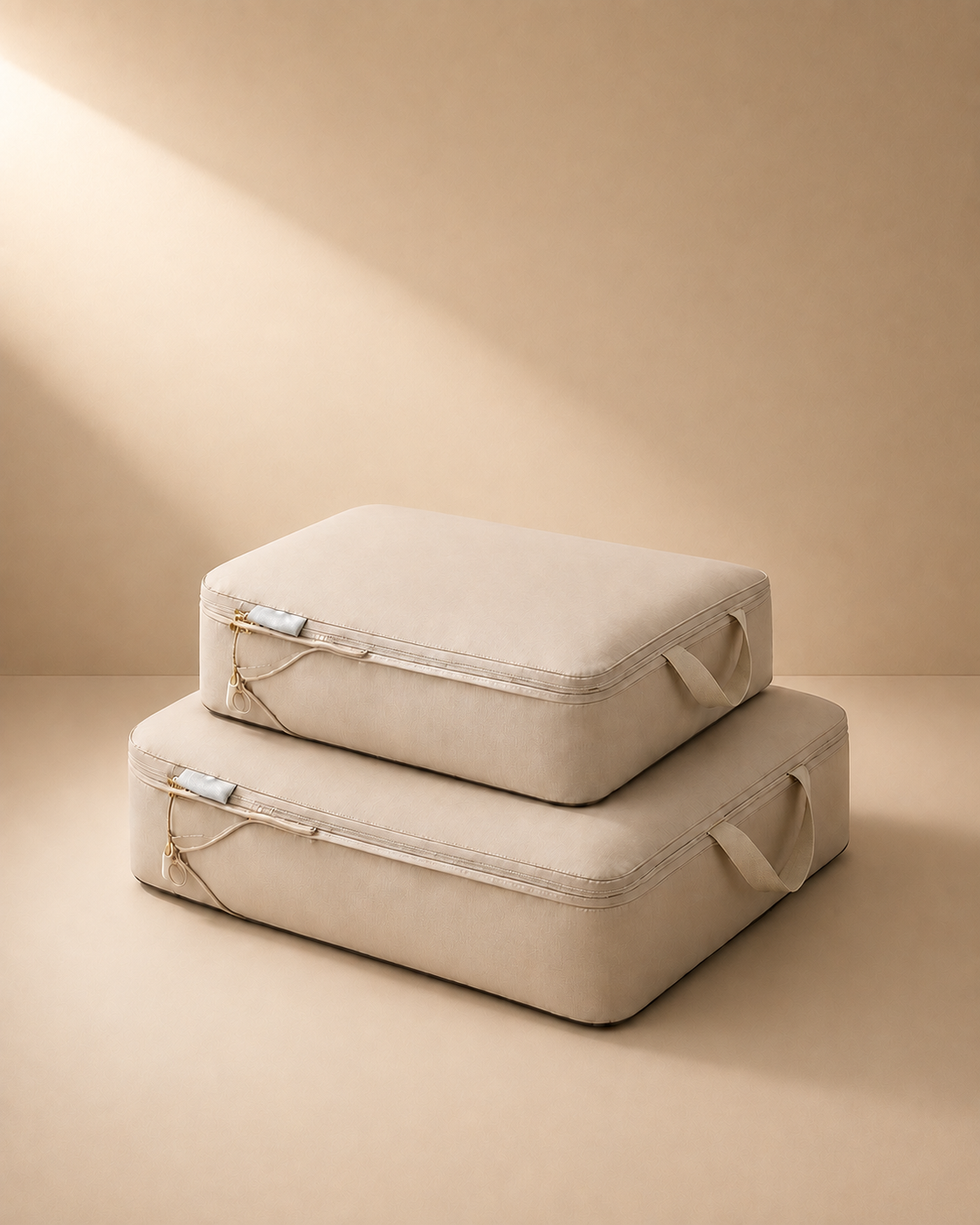 Hathersage beige stacked compression packing cubes - premium studio product photo