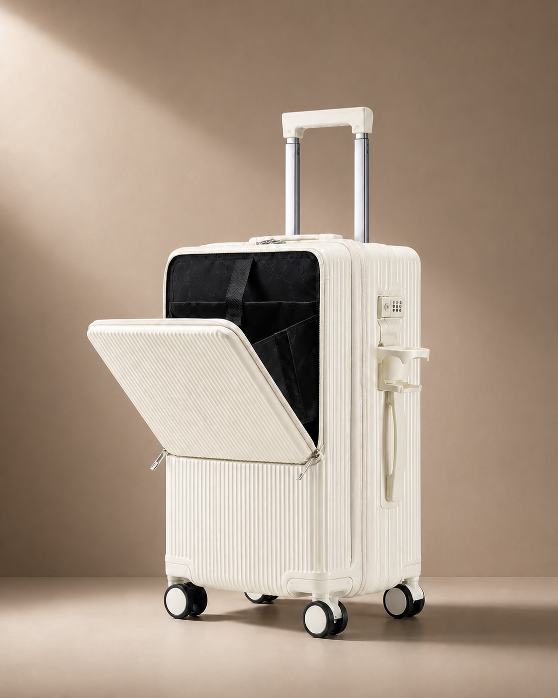 Beige Looe Aluminium Frame Cabin Suitcase with Cup Holder and USB Port - 20/24/26 Inch