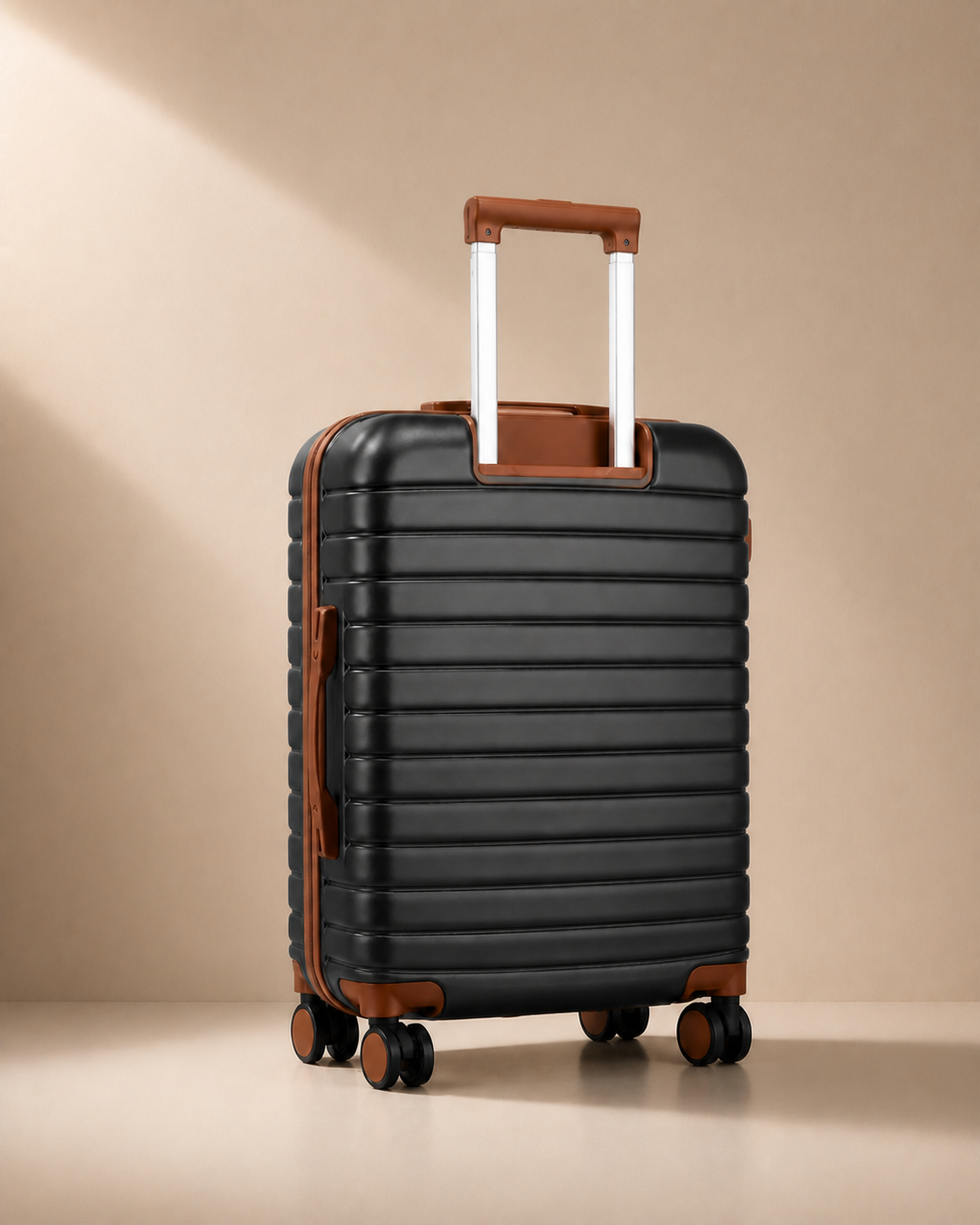 Padstow hard shell suitcase rear view with telescopic handle and spinner wheels