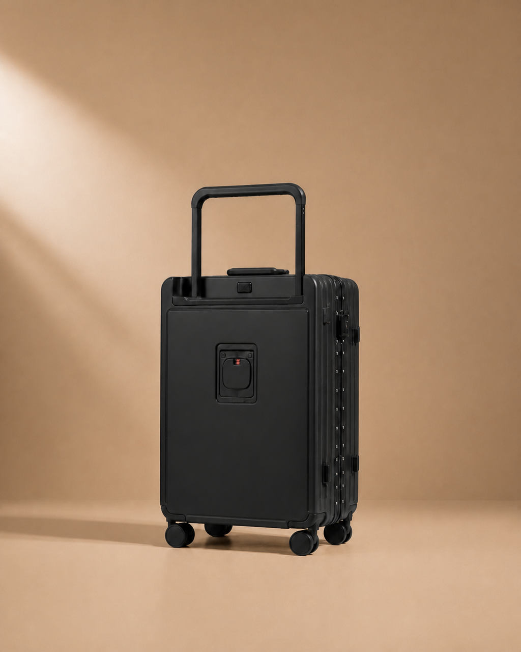Mevagissey aluminium frame suitcase rear view with telescopic handle and spinner wheels