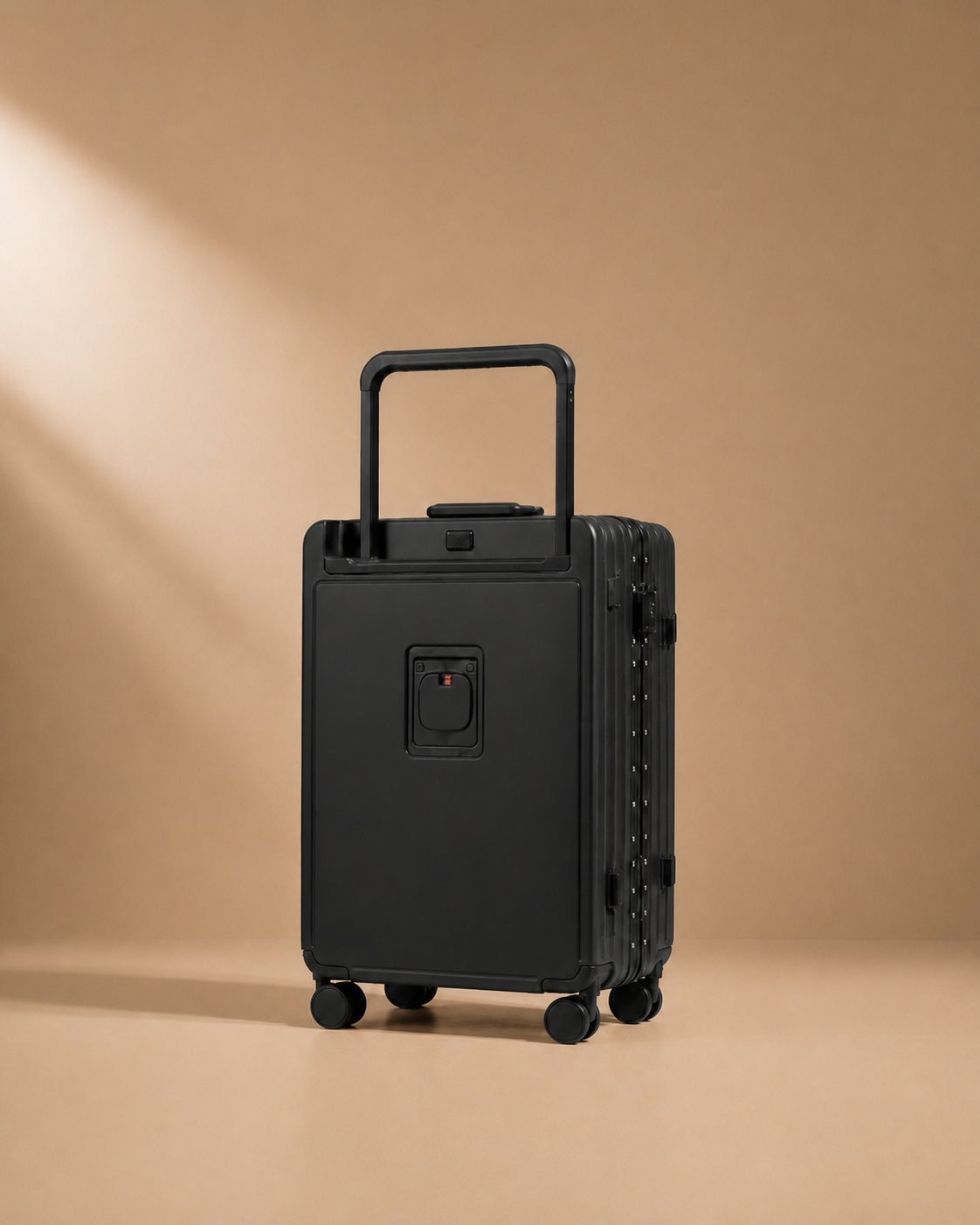 Mevagissey aluminium frame suitcase rear view with telescopic handle and spinner wheels
