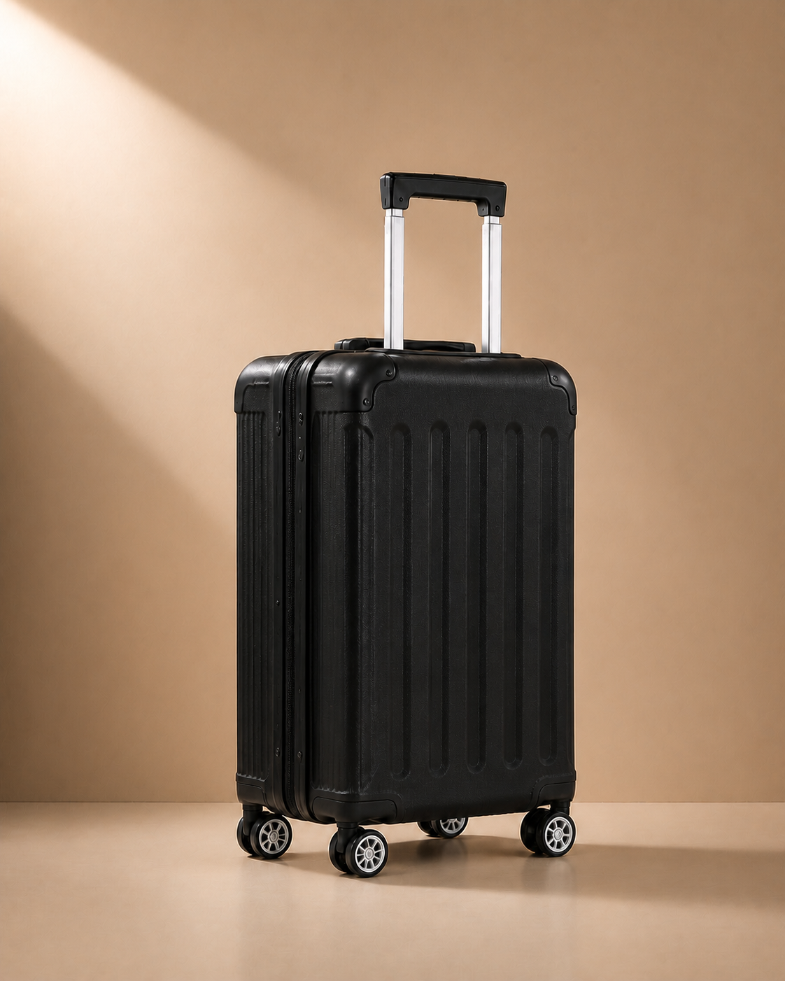 Lulworth Hard Shell Trolley Cabin Suitcase - 20 Inch - Rear view clean premium studio image. Smooth background, polished suitcase finish, high-end travel product photography.