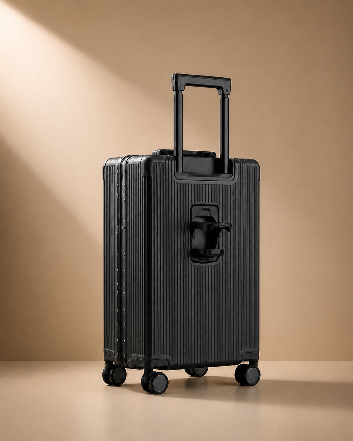 Polperro Aluminium Frame Cabin Suitcase with Cup Holder - 20/24/26 Inch - rear view with cup holder. Clean premium studio product photography with smooth background and polished suitcase finish.