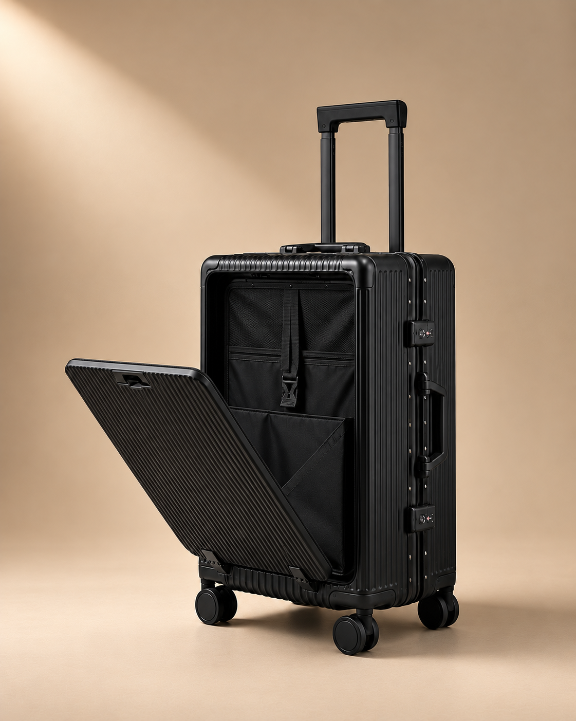 Sennen black hard shell cabin suitcase with front opening compartment, secure locks and premium aluminium frame design