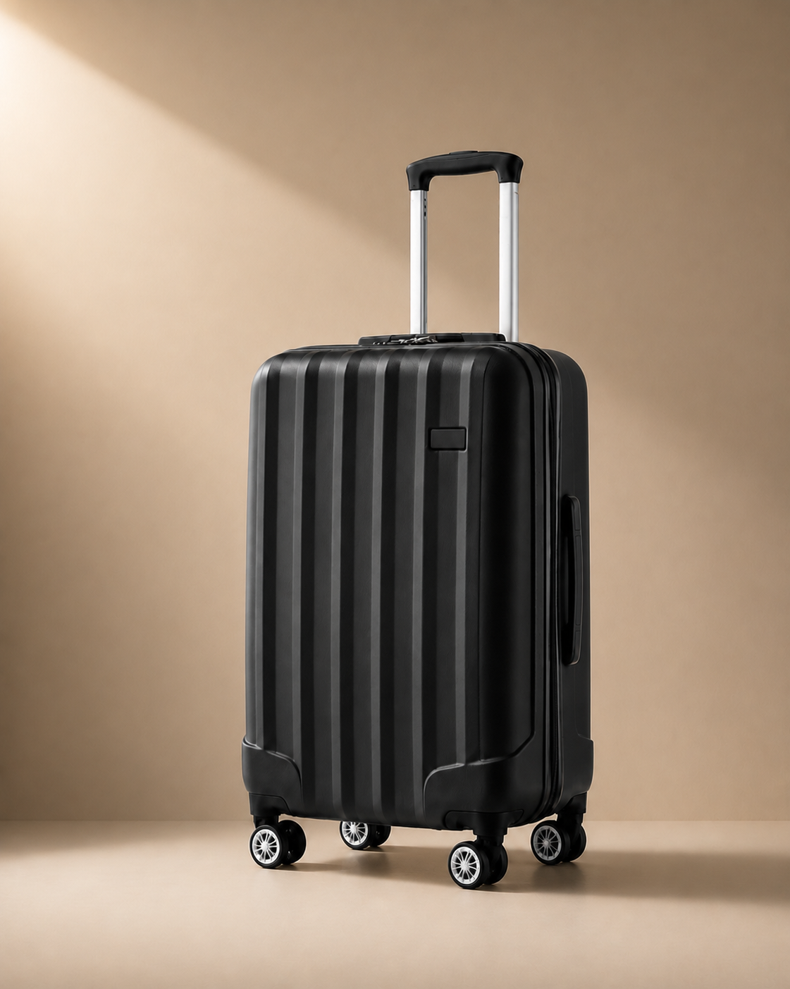 Exmouth hard shell cabin suitcase in black, premium studio product view