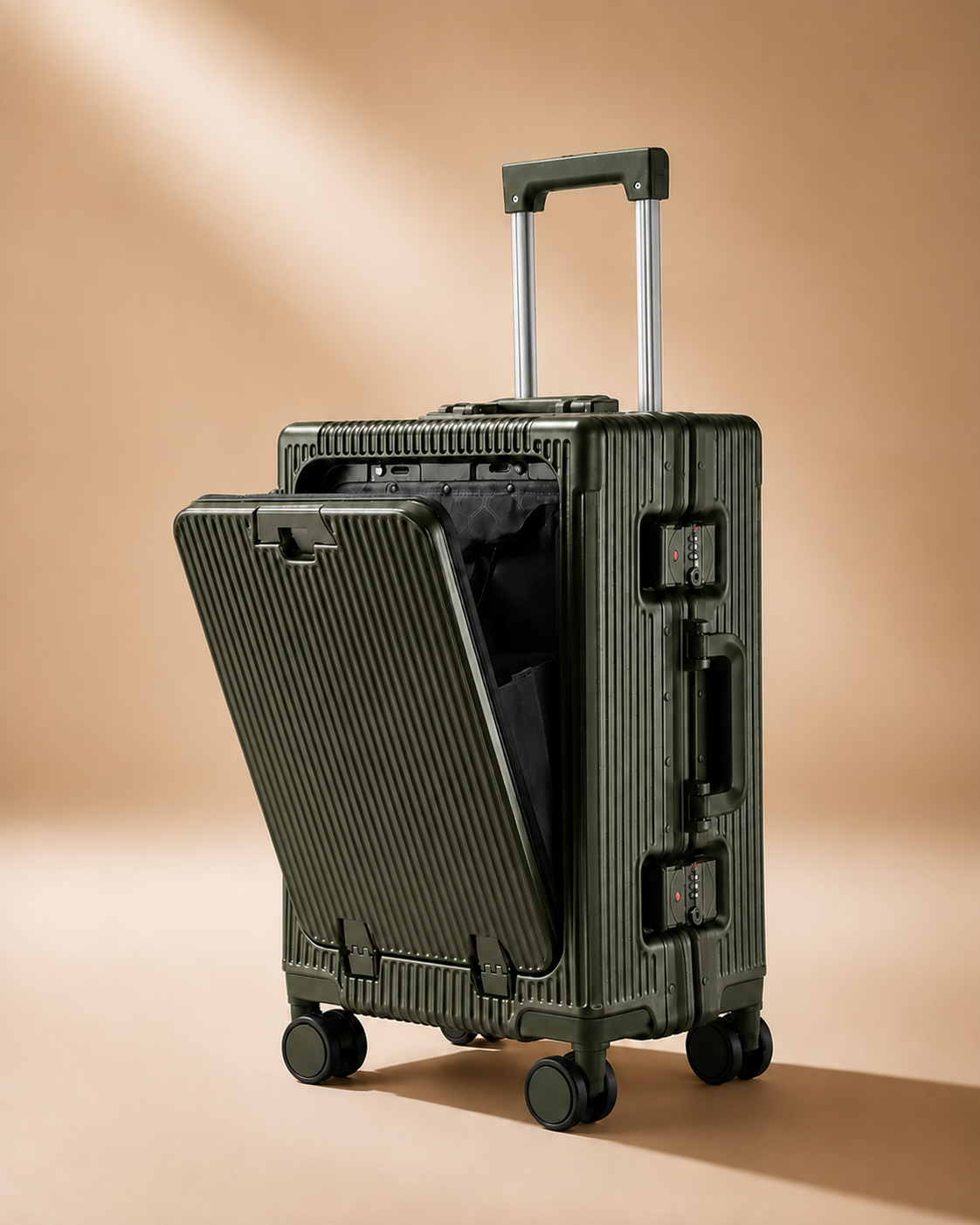 Talland front-opening cabin suitcase in green, premium studio product view
