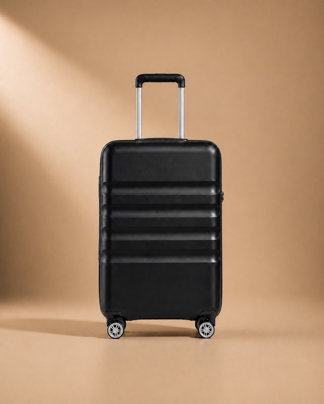 Amroth 3 Piece Hard Shell Suitcase Set, cabin suitcase front view with smooth spinner wheels.