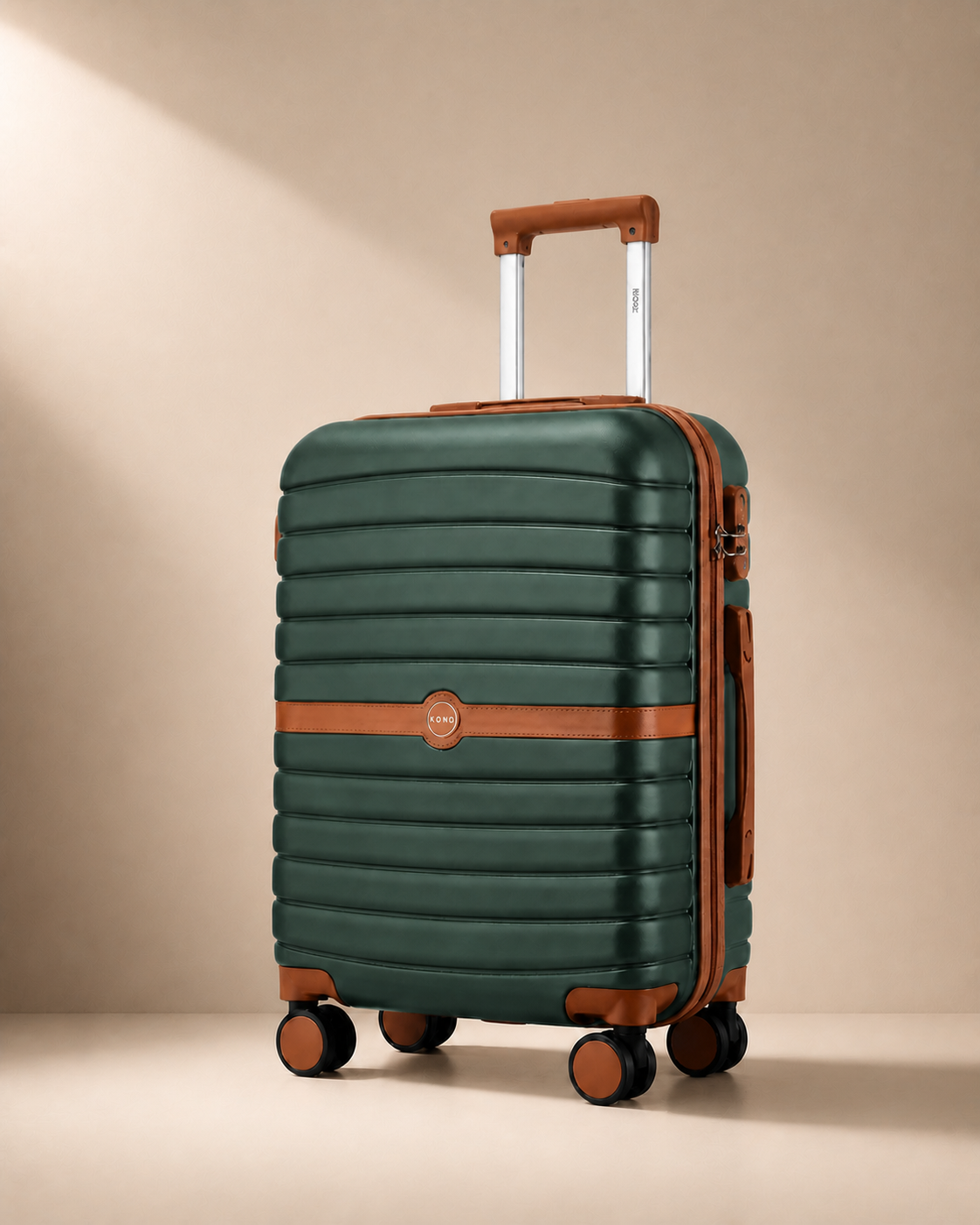 Army Green Padstow lightweight hard shell cabin suitcase with brown trim