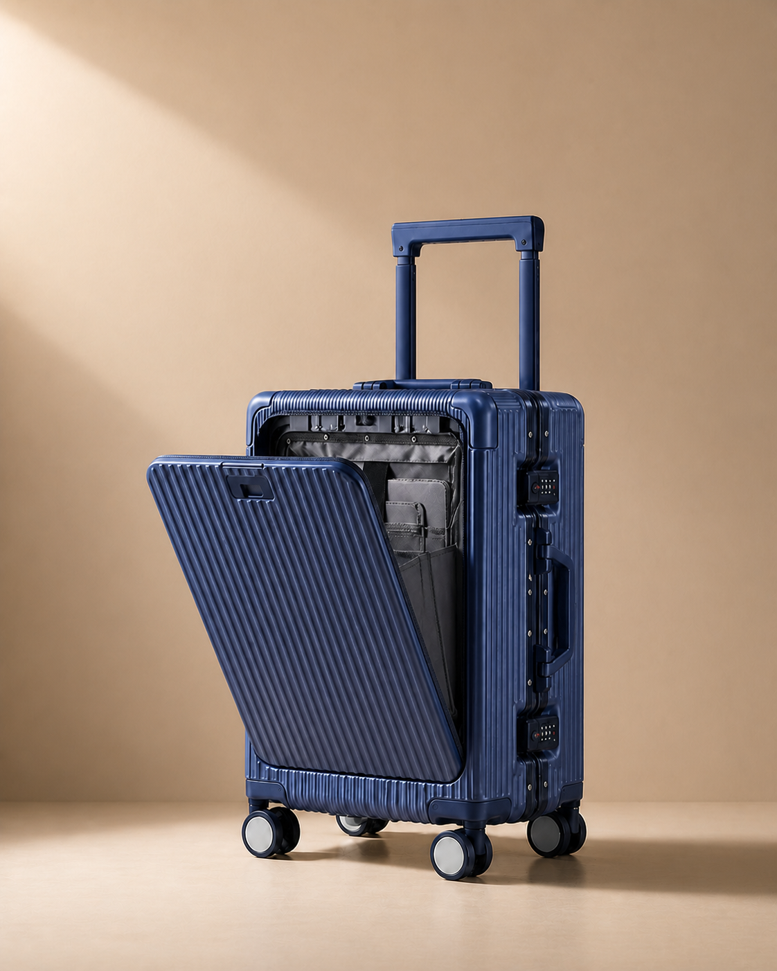 Polperro Aluminium Frame Cabin Suitcase with Cup Holder - 20/24/26 Inch - Blue colour variant. Clean premium studio product photography with smooth background and polished suitcase finish.