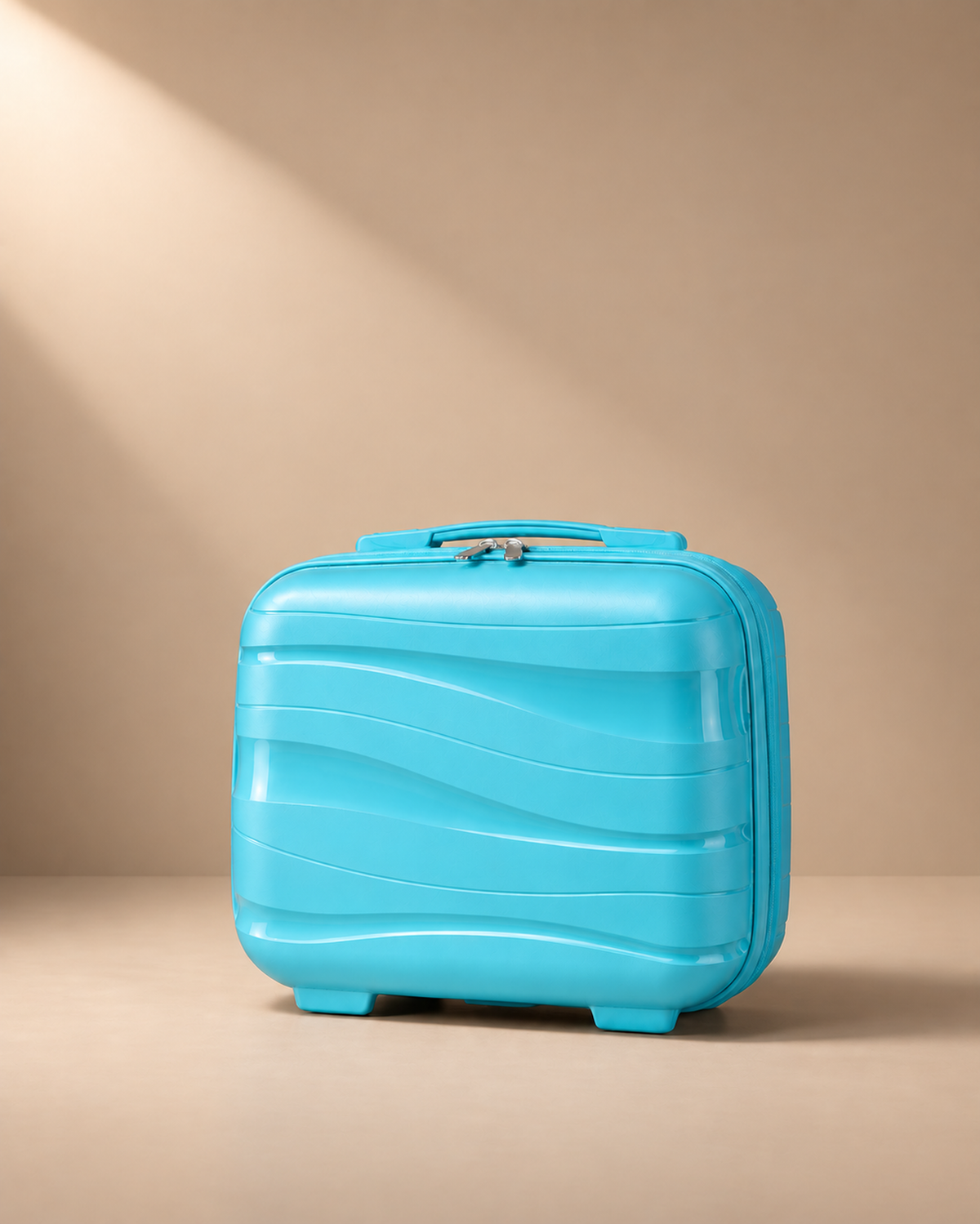 Housel light turquoise 14 inch hard shell travel makeup case with glossy wave design in a clean studio image.