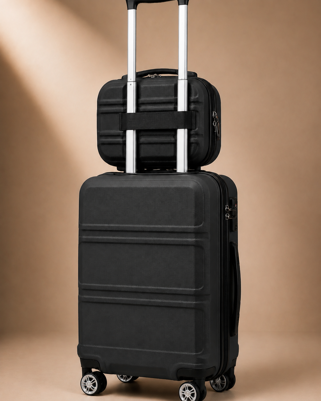 Tenby black two-piece suitcase set — stacked rear product view