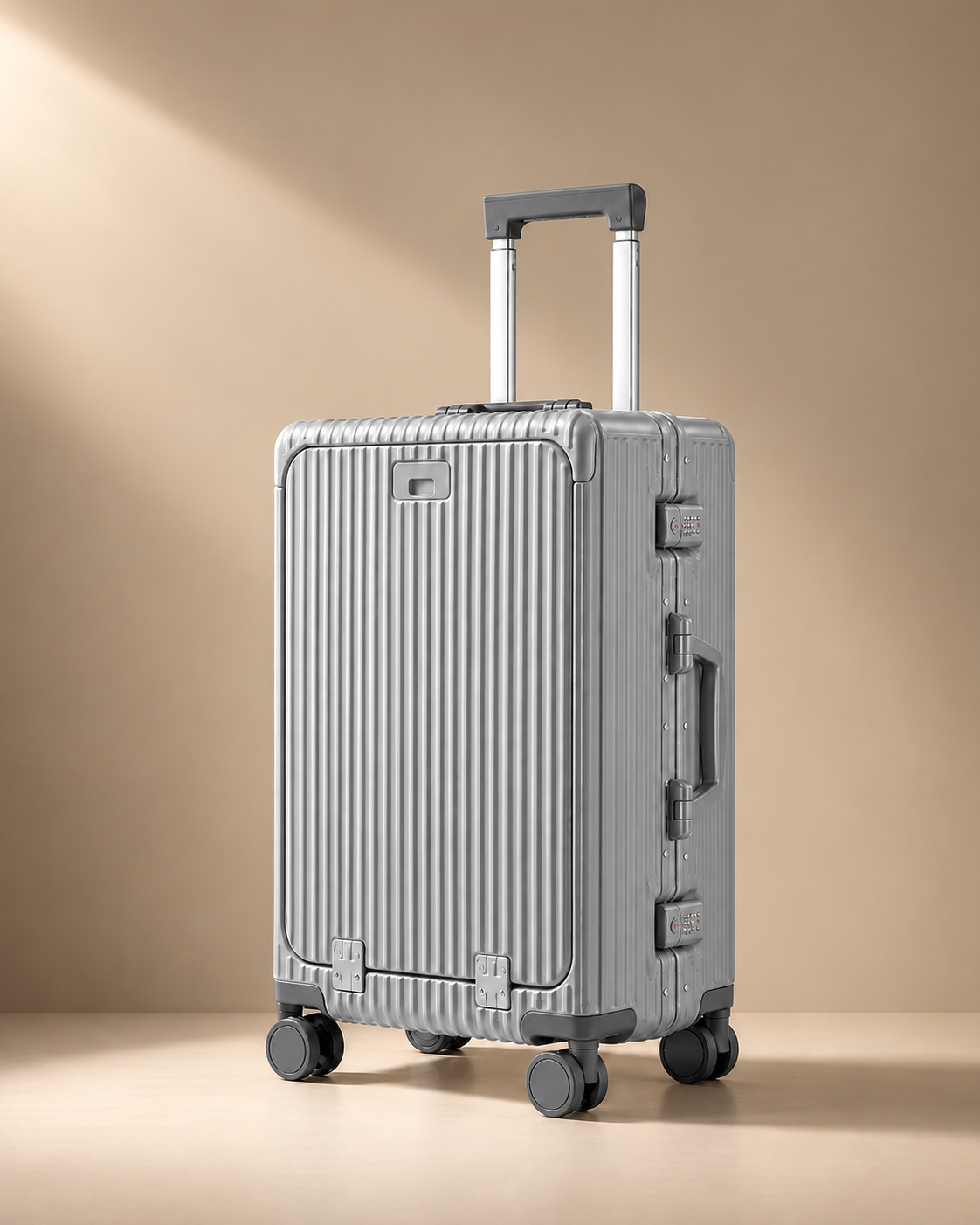 Sennen silver aluminium frame cabin suitcase with ribbed hard shell, TSA-style locks and four spinner wheels