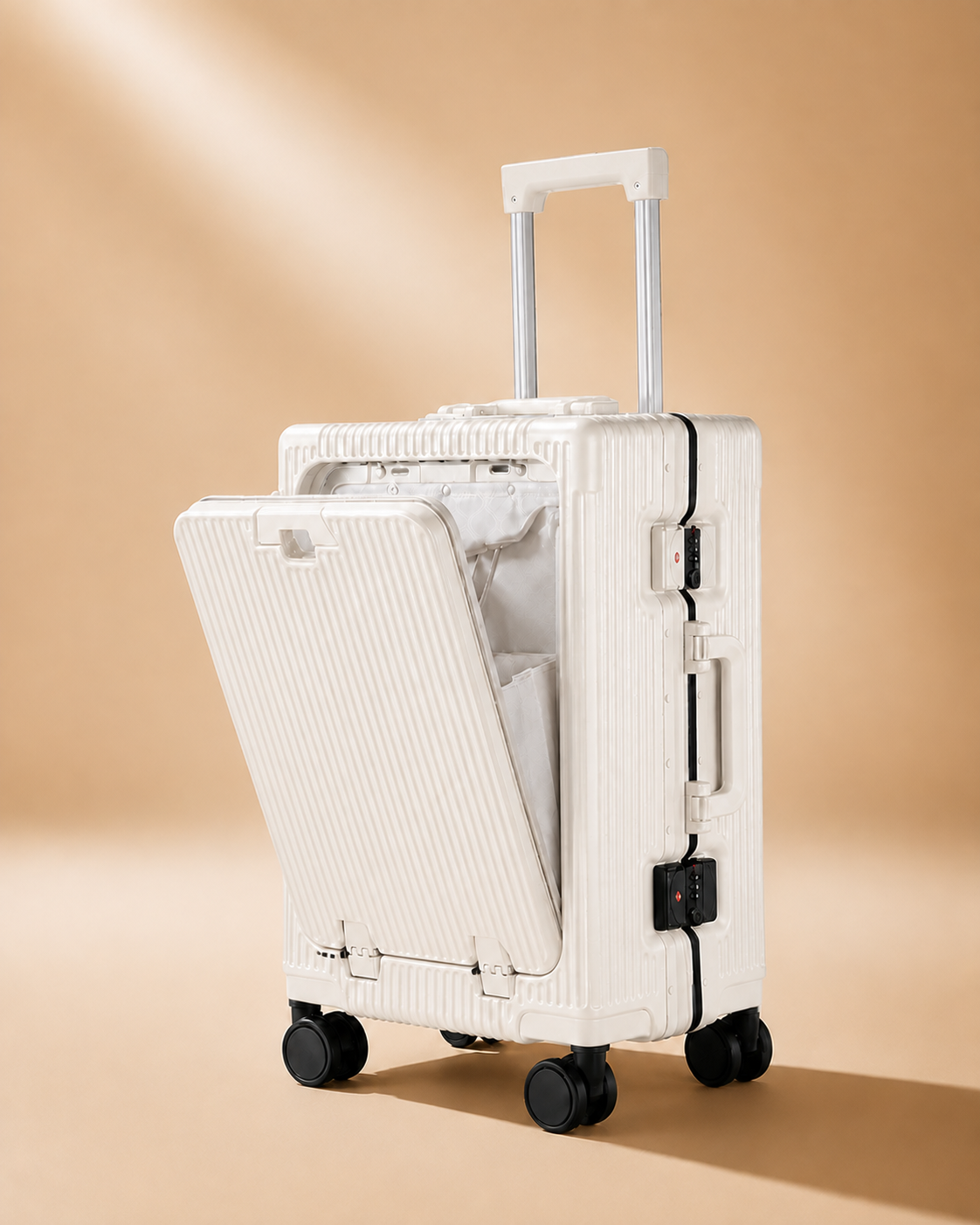 Talland front-opening cabin suitcase in white, premium studio product view