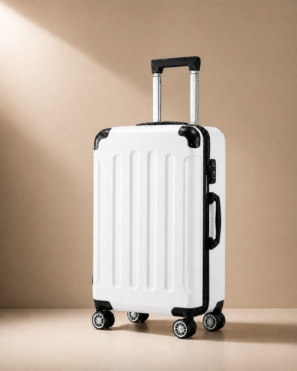 Lulworth Hard Shell Trolley Cabin Suitcase - 20 Inch - White clean premium studio image. Smooth background, polished suitcase finish, high-end travel product photography.