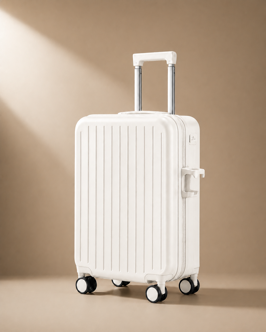 Gunwalloe white cabin suitcase with cup holder and smooth spinner wheels