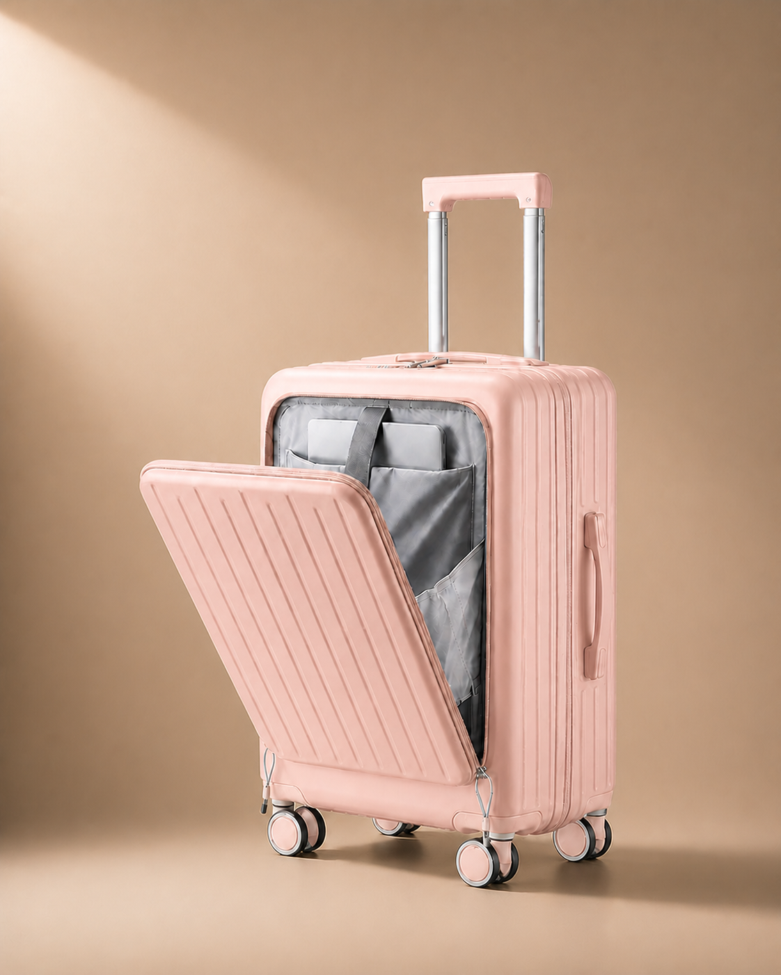 Bantham Front-Opening Cabin Suitcase with USB Port - 20-28 Inch in Pink