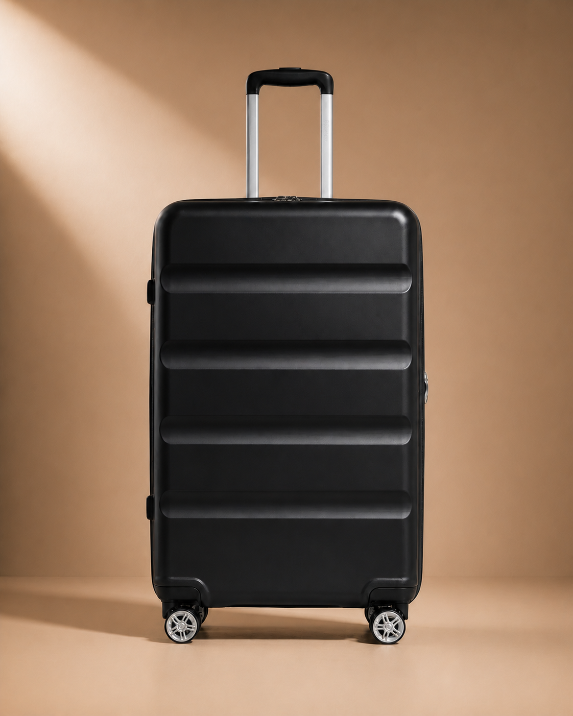 Amroth 3 Piece Hard Shell Suitcase Set, hard shell suitcase detail with telescopic handle and wheels.