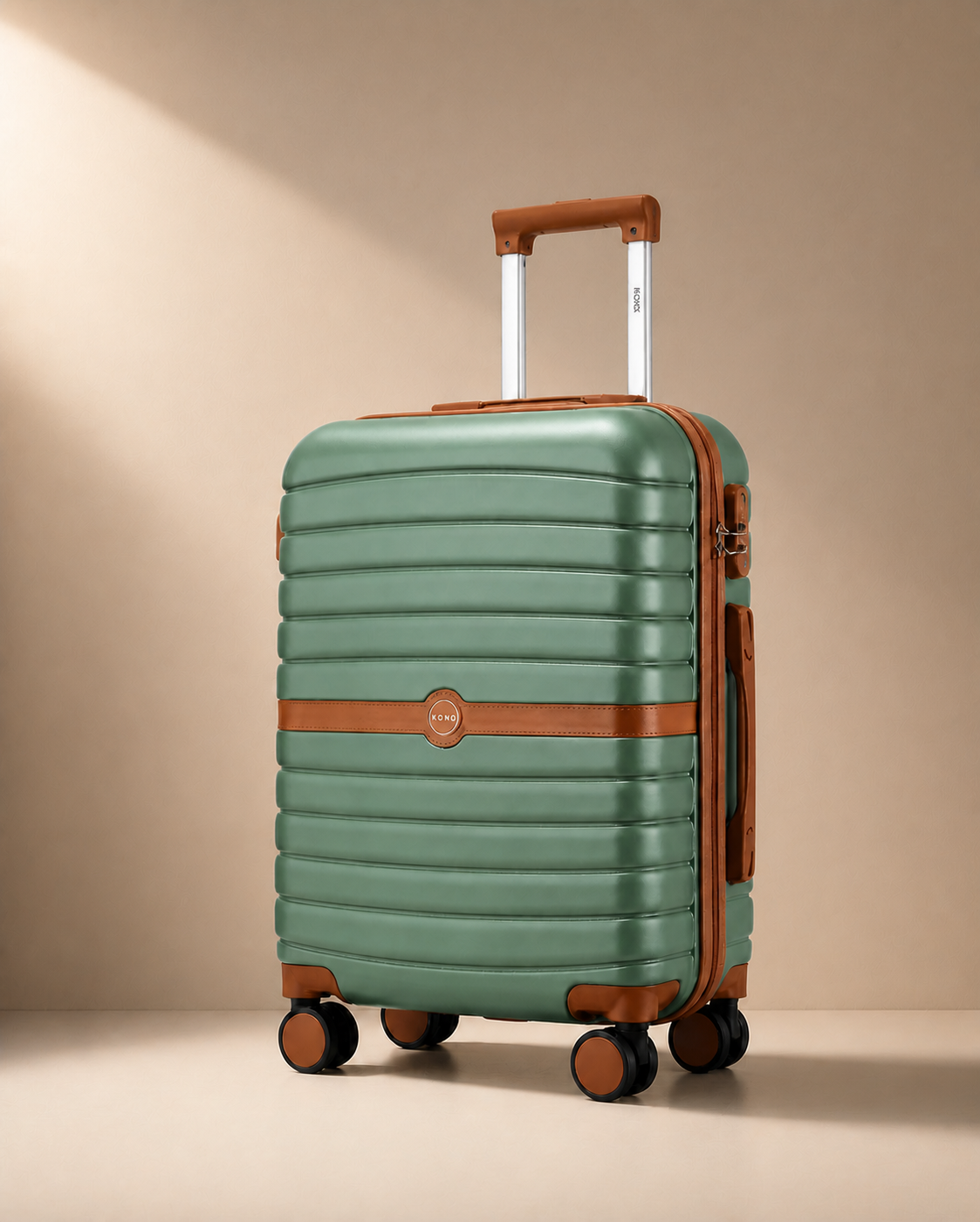 Green Padstow lightweight hard shell cabin suitcase with brown trim