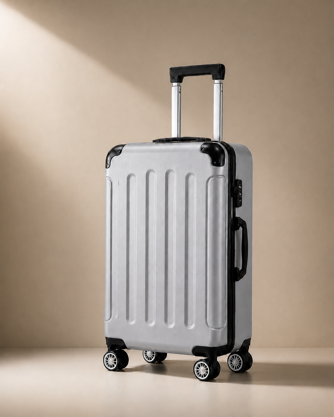 Lulworth Hard Shell Trolley Cabin Suitcase - 20 Inch - Grey clean premium studio image. Smooth background, polished suitcase finish, high-end travel product photography.