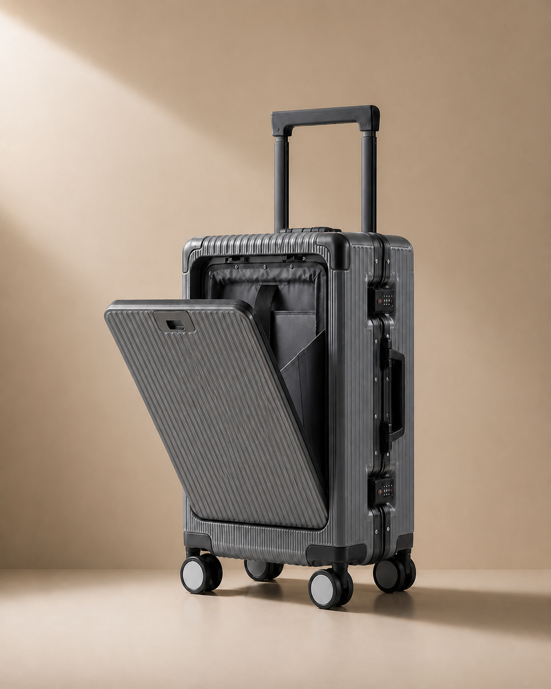 Polperro Aluminium Frame Cabin Suitcase with Cup Holder - 20/24/26 Inch - Grey colour variant. Clean premium studio product photography with smooth background and polished suitcase finish.