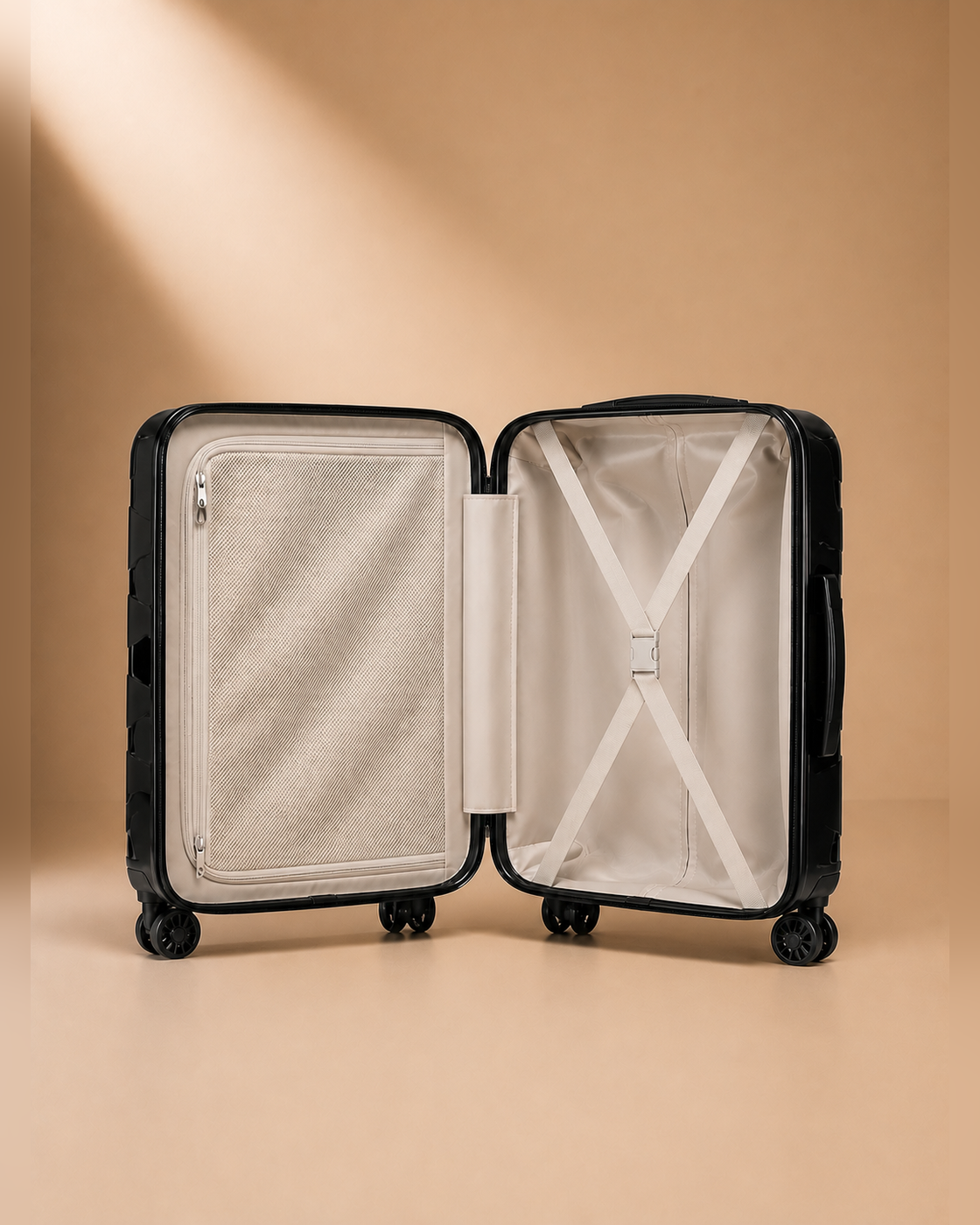 Rhosneigr 4 Piece Hard Shell Suitcase Set - open interior compartments. Clean premium studio product photography with smooth background and polished hard shell suitcase finish.