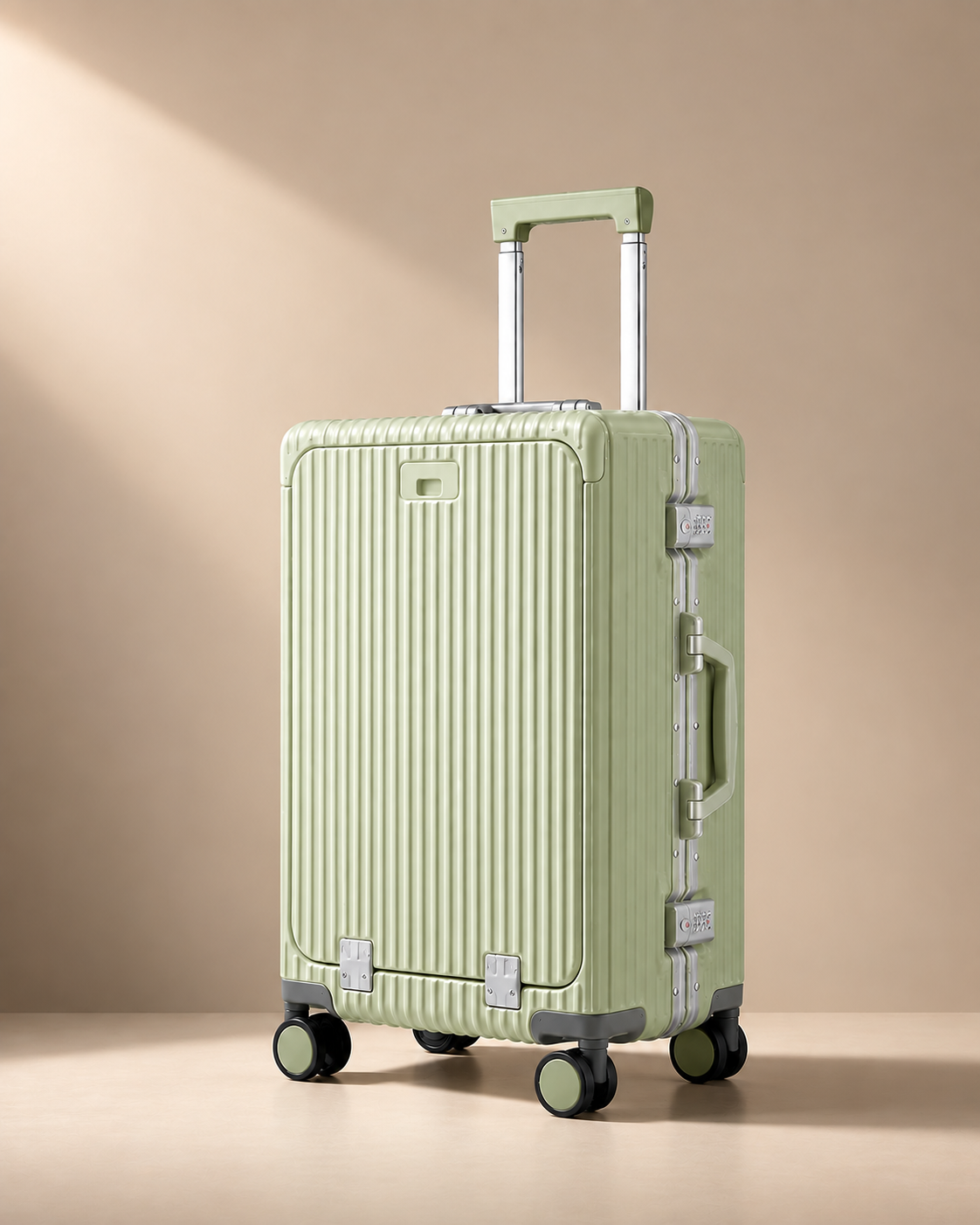 Sennen sage green aluminium frame cabin suitcase with ribbed shell, side handle and smooth rolling wheels