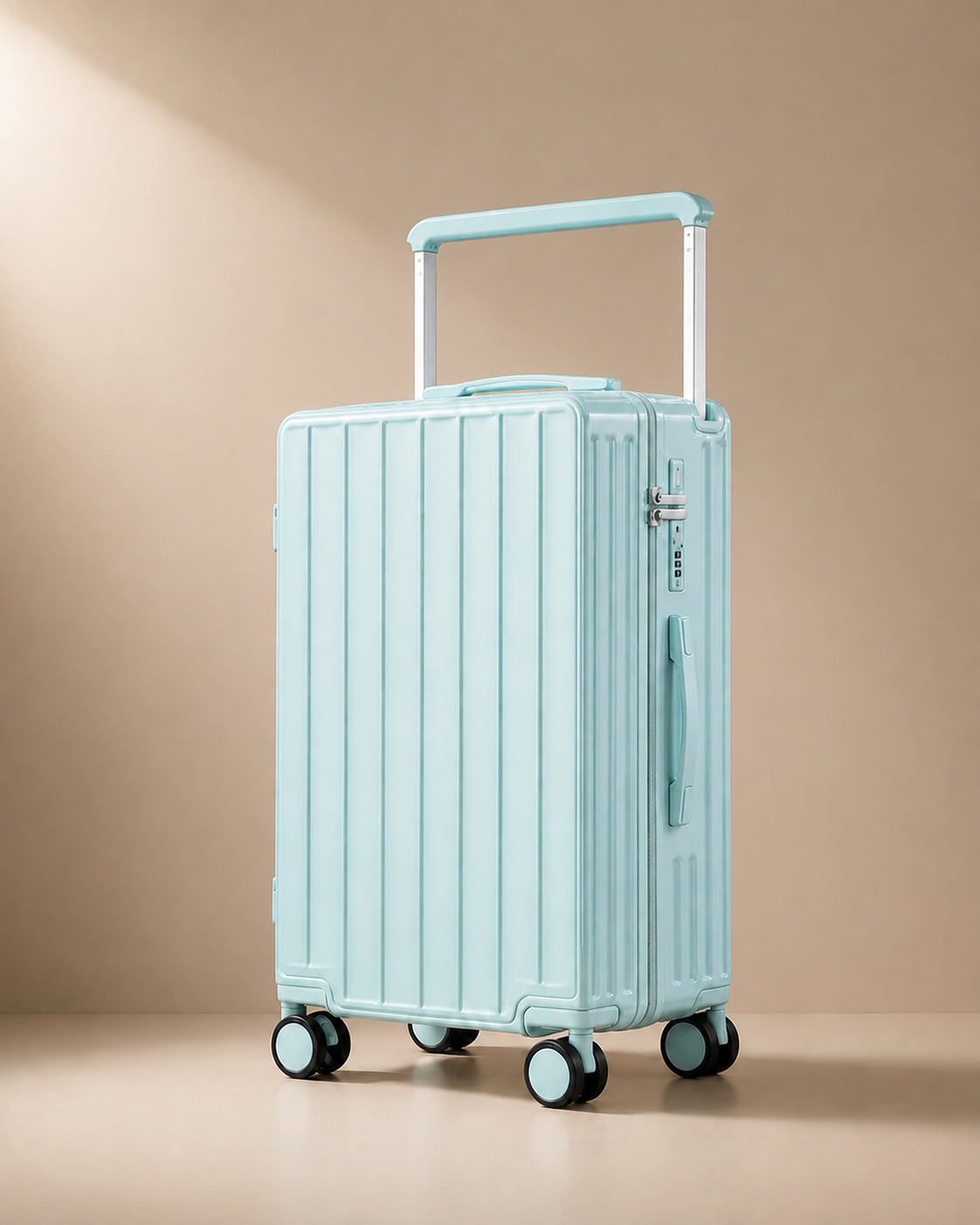 Portloe cabin suitcase in light blue, premium studio product view