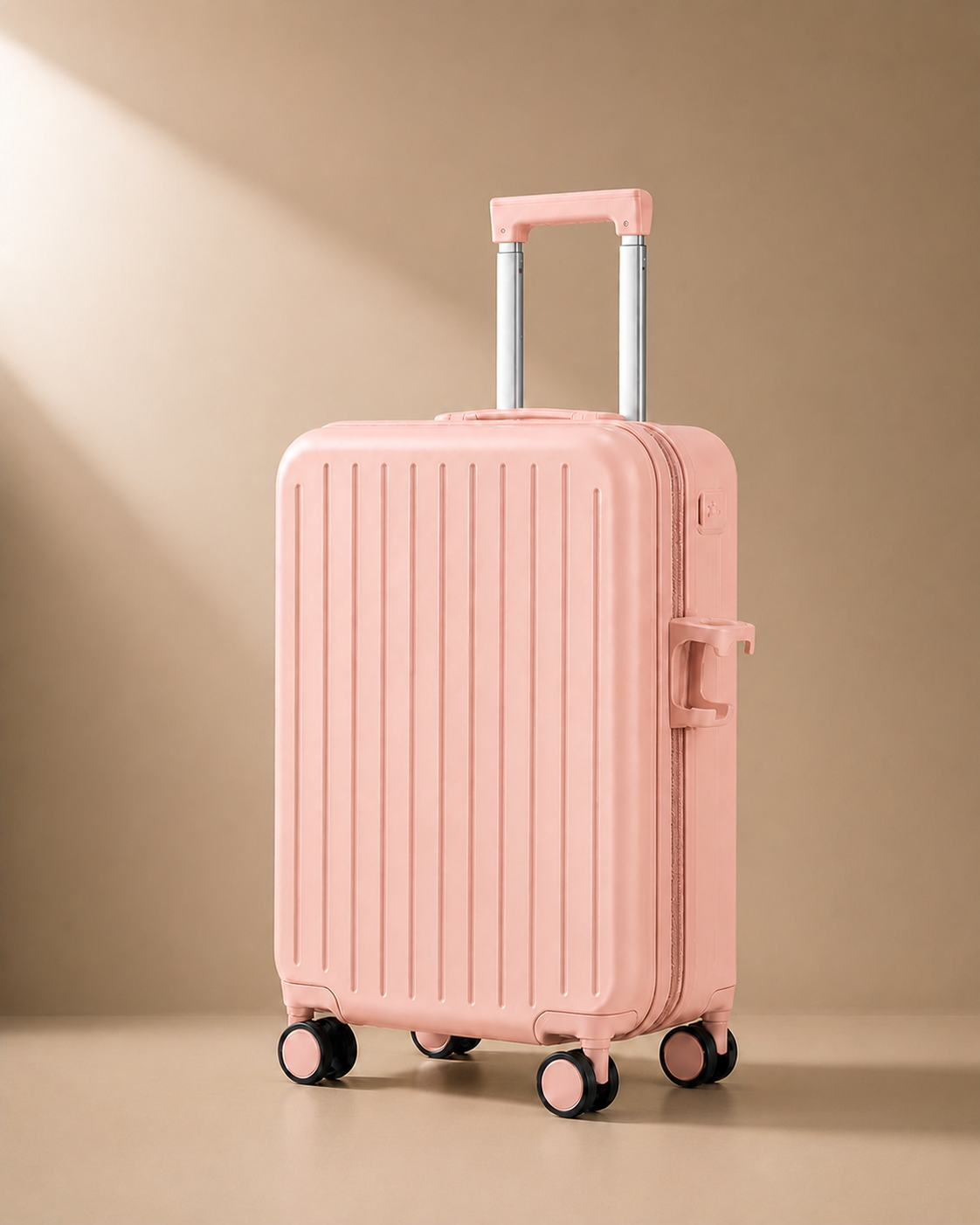 Gunwalloe pink cabin suitcase with cup holder and smooth spinner wheels