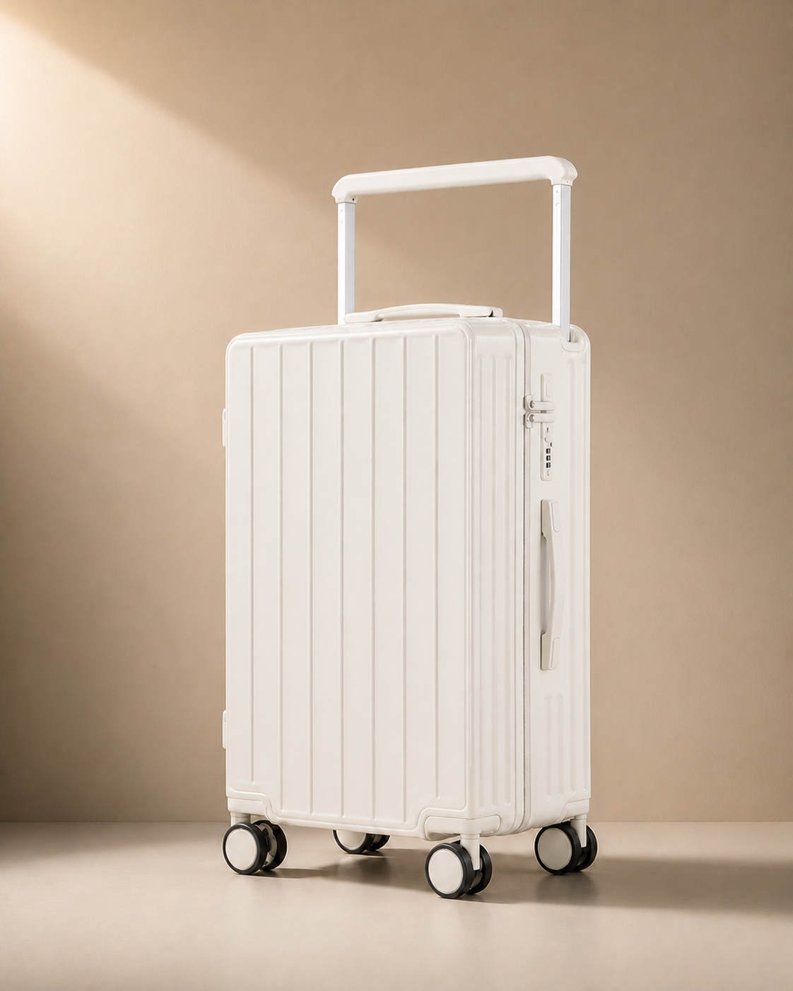 White Veryan 28 inch cabin suitcase with wide pull rod and hard shell finish