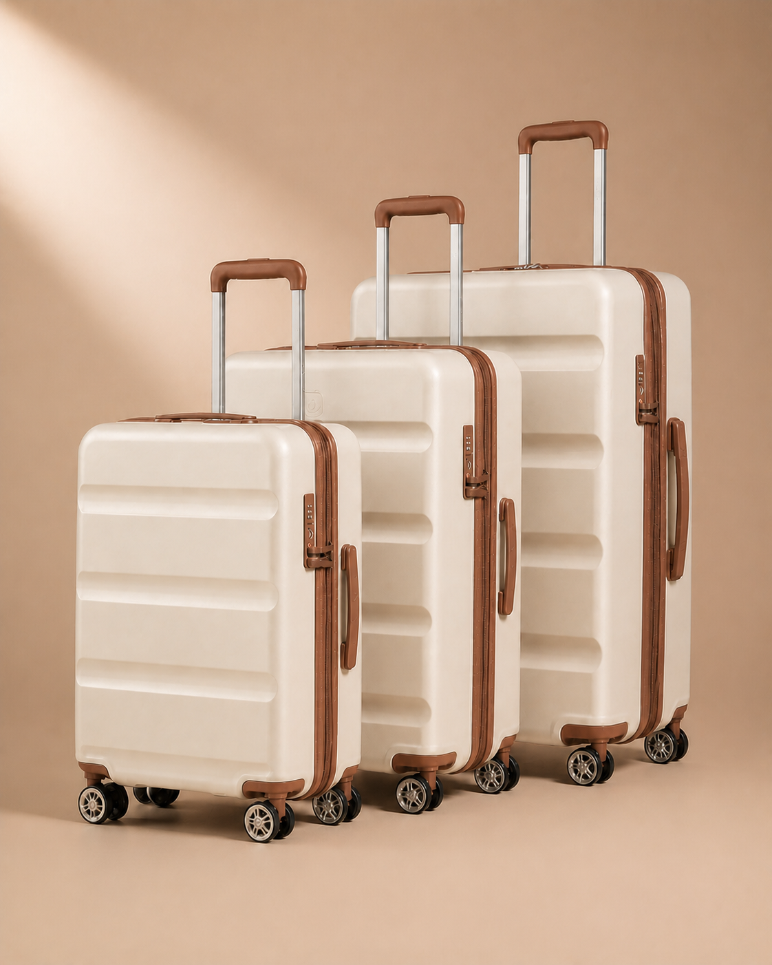 Amroth 3 Piece Hard Shell Suitcase Set in Beige, premium hard shell luggage set with 19, 24 and 28 inch suitcases.