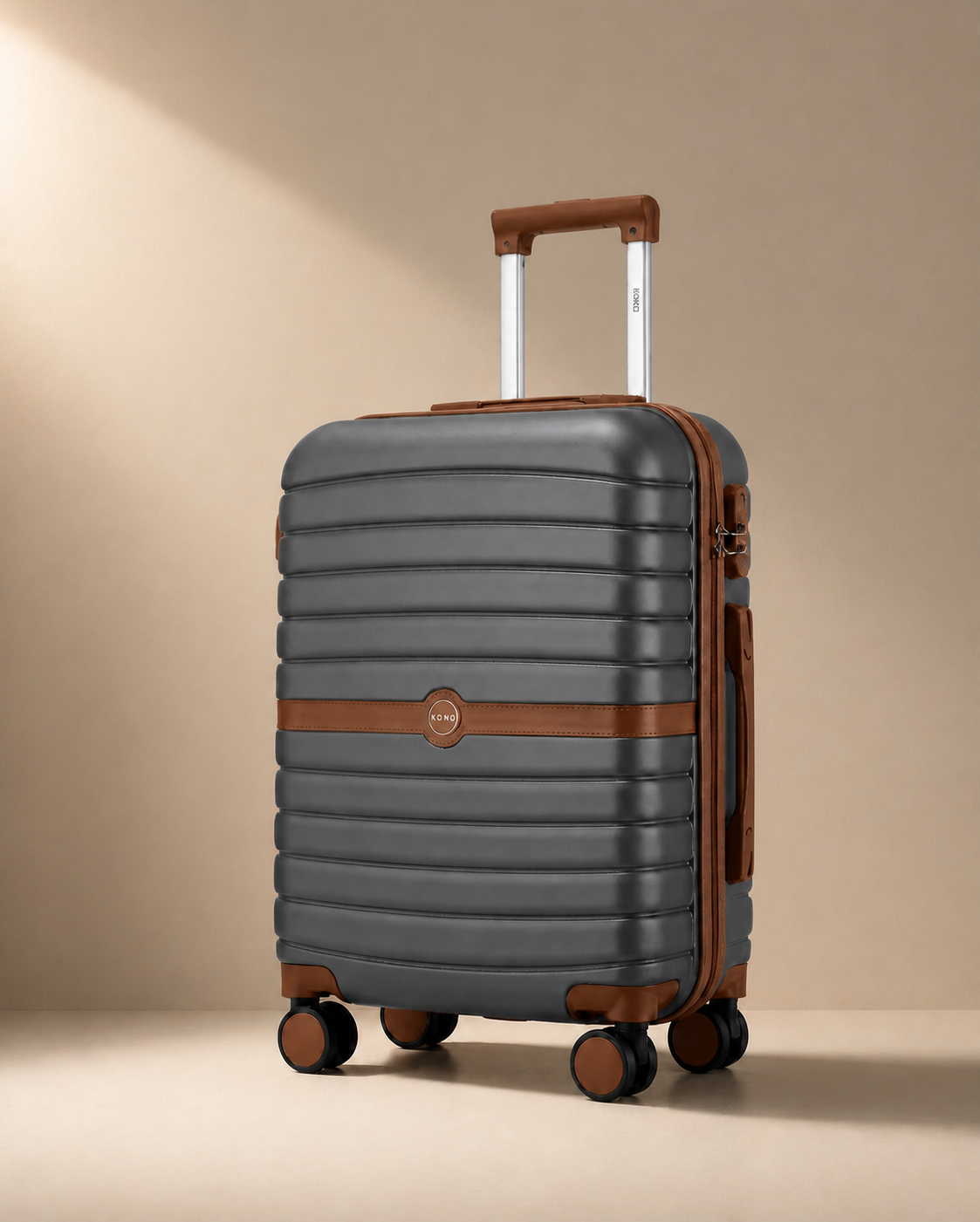 Grey Padstow lightweight hard shell cabin suitcase with brown trim