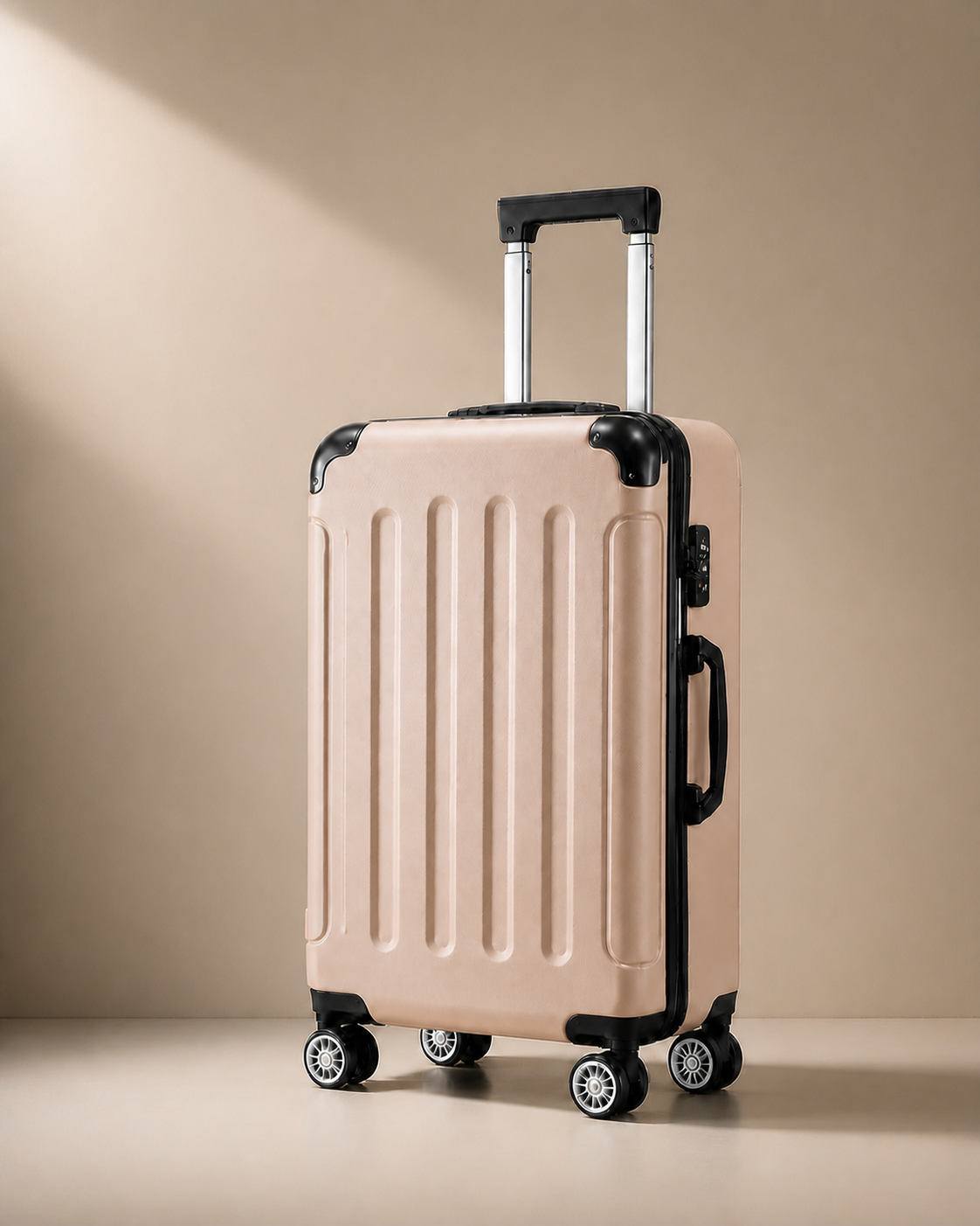 Lulworth Hard Shell Trolley Cabin Suitcase - 20 Inch - Beige clean premium studio image. Smooth background, polished suitcase finish, high-end travel product photography.