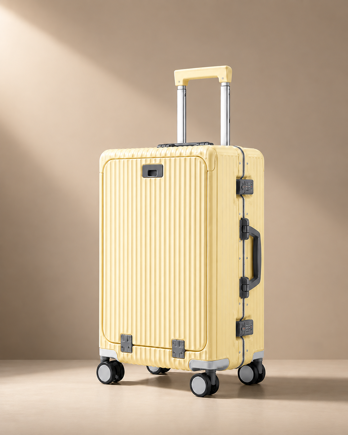 Sennen yellow aluminium frame cabin suitcase with ribbed hard shell, secure locks and four spinner wheels