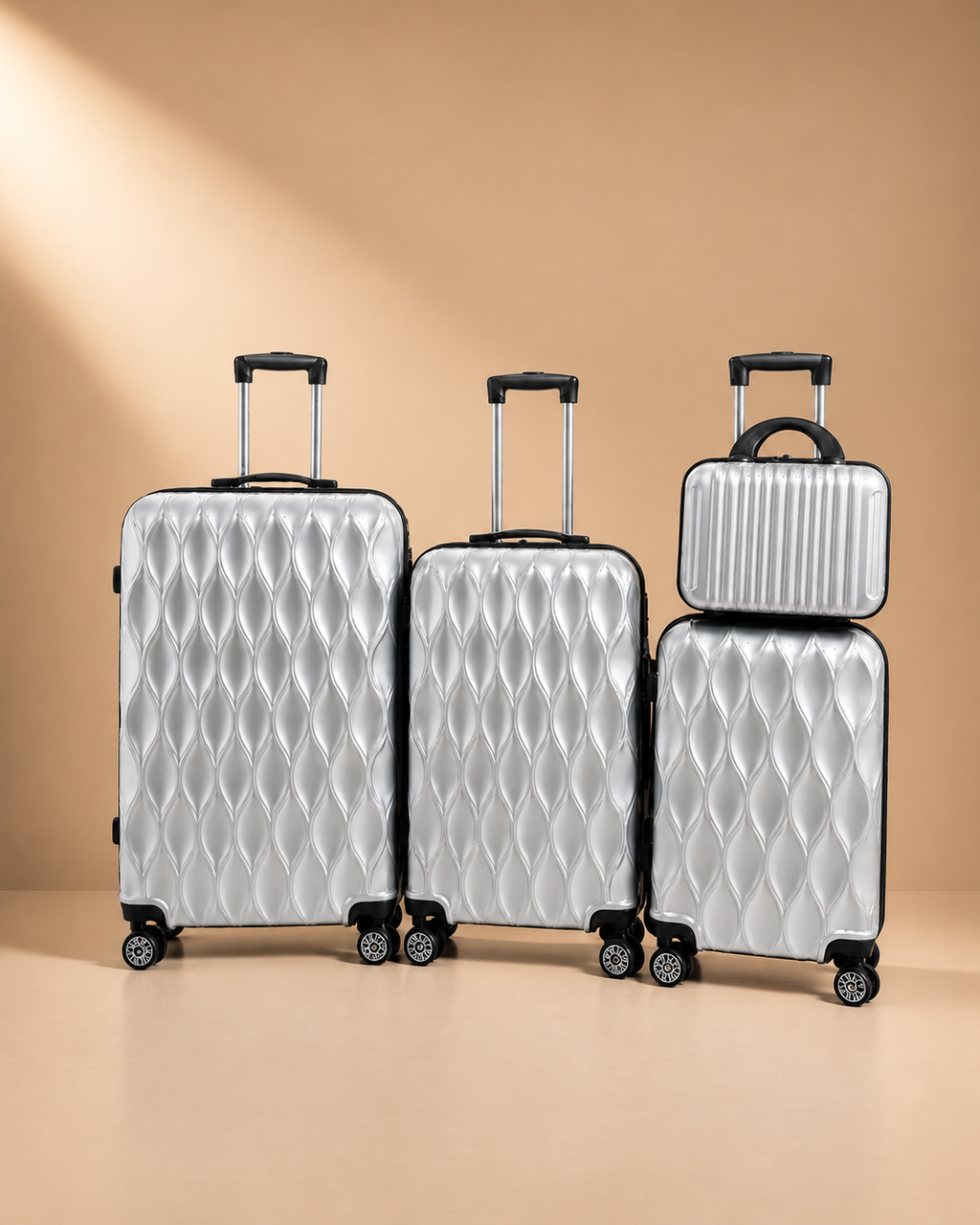 Anstruther silver 4 piece hard shell suitcase set with matching travel bag and spinner wheels