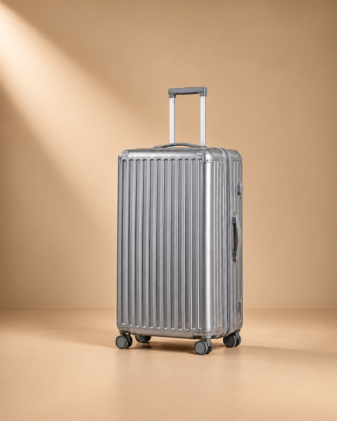 Tresaith silver hard shell cabin suitcase with ribbed shell, telescopic handle and smooth rolling wheels