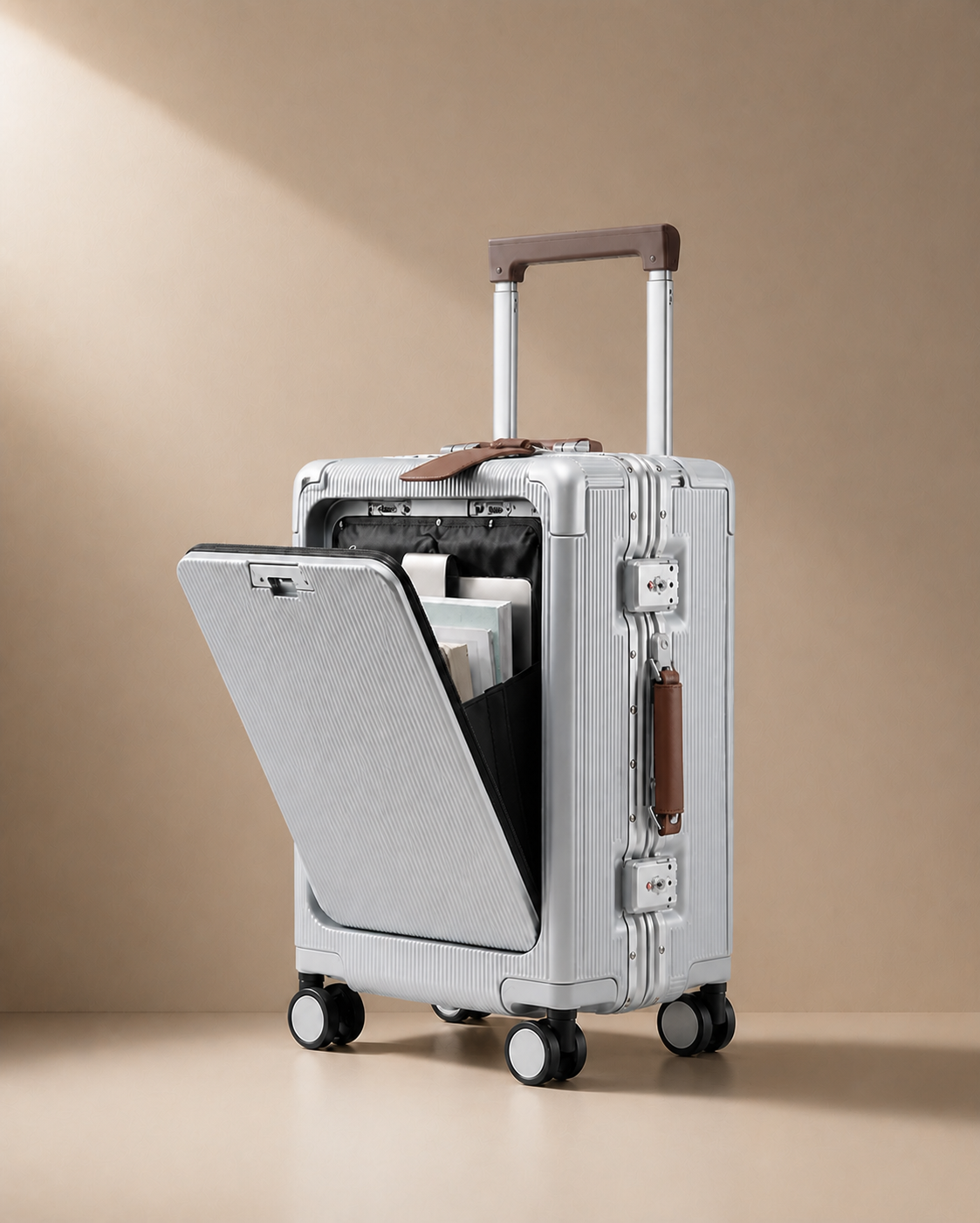 Polperro Aluminium Frame Cabin Suitcase with Cup Holder - 20/24/26 Inch - Silver colour variant. Clean premium studio product photography with smooth background and polished suitcase finish.
