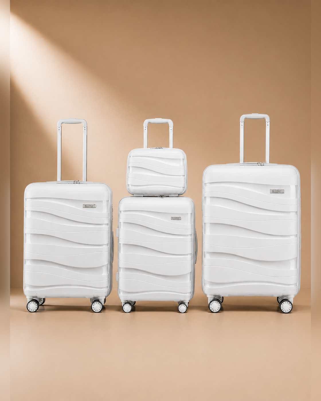 Rhosneigr 4 Piece Hard Shell Suitcase Set - White colour variant. Clean premium studio product photography with smooth background and polished hard shell suitcase finish.