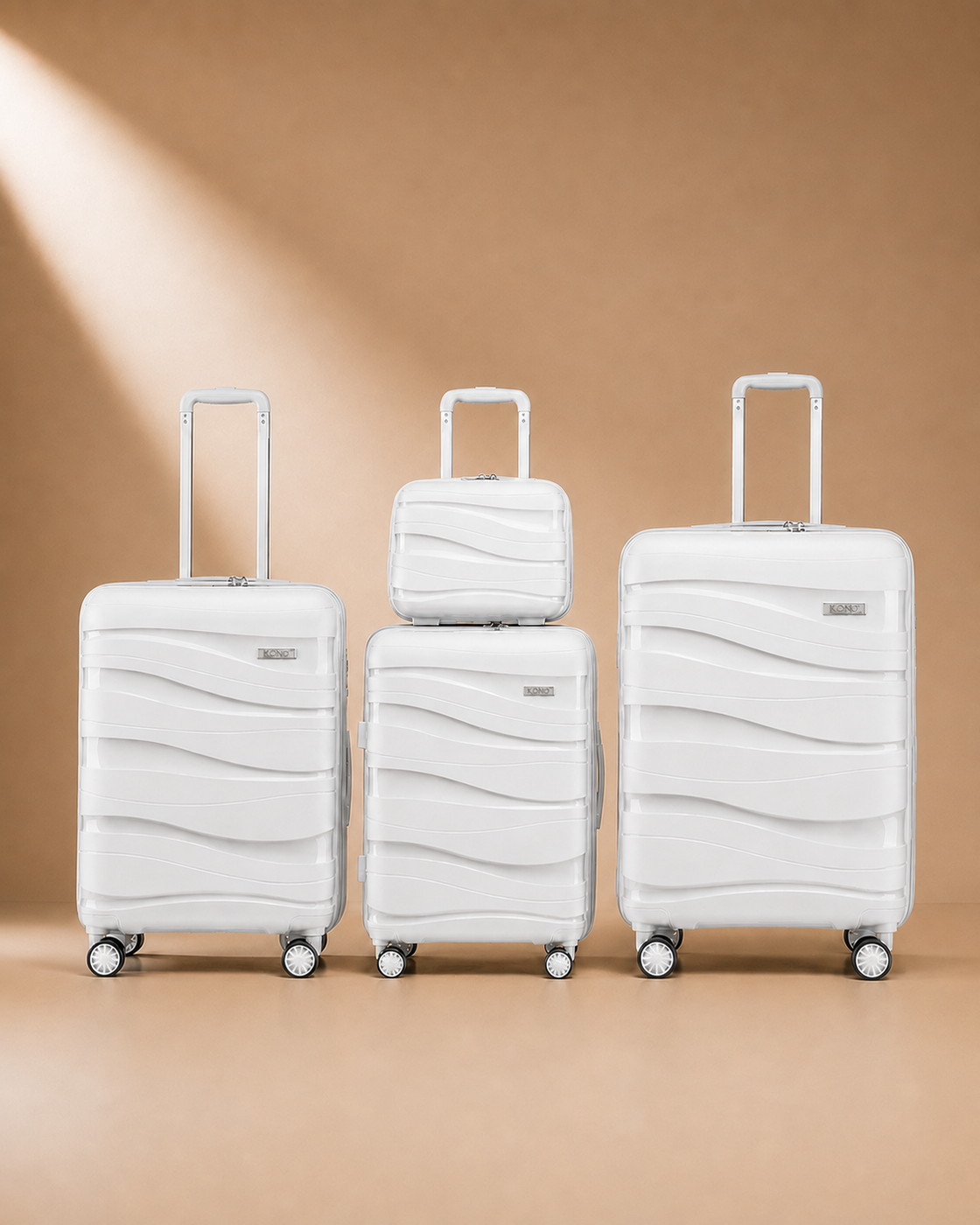 Rhosneigr 4 Piece Hard Shell Suitcase Set - White colour variant. Premium studio product photography with clean continuous background and polished hard shell suitcase finish.