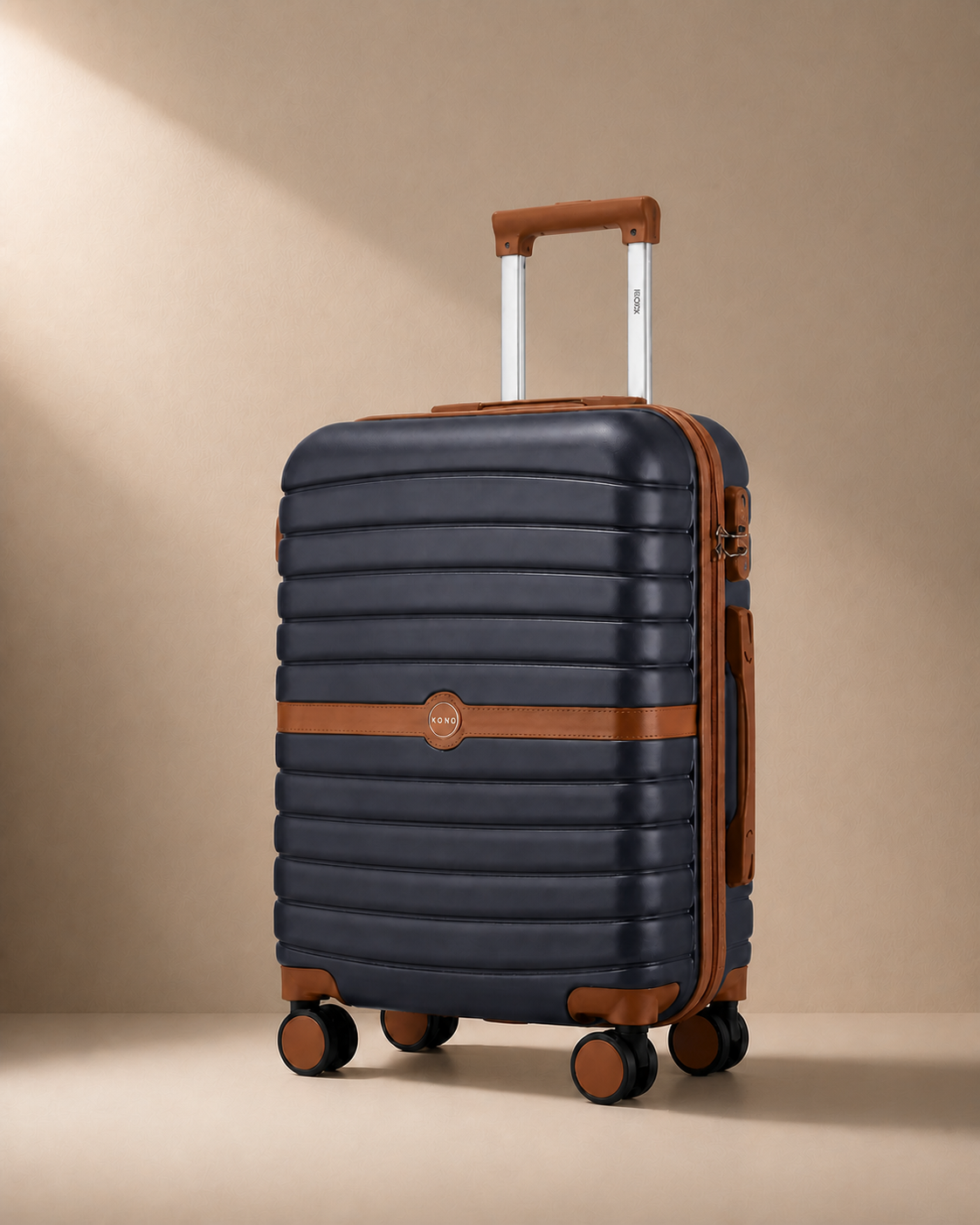 Navy Padstow lightweight hard shell cabin suitcase with brown trim