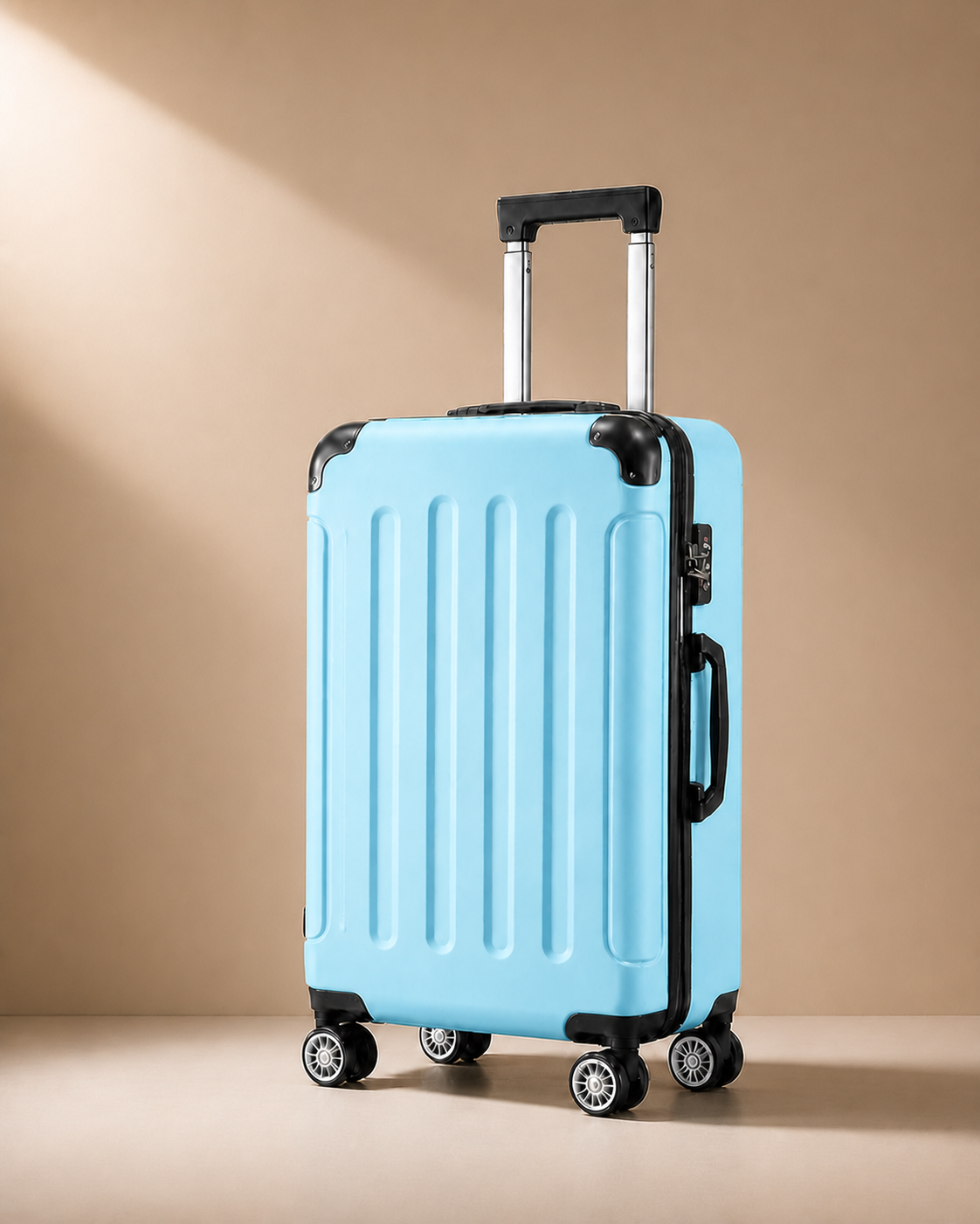 Lulworth Hard Shell Trolley Cabin Suitcase - 20 Inch - Blue clean premium studio image. Smooth background, polished suitcase finish, high-end travel product photography.