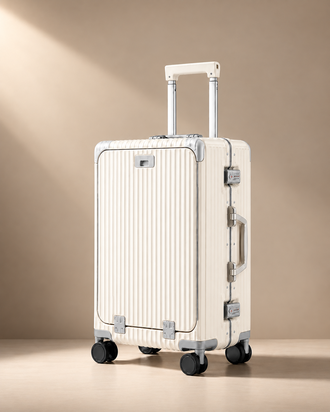 Sennen cream aluminium frame cabin suitcase with ribbed hard shell, telescopic handle and premium travel finish