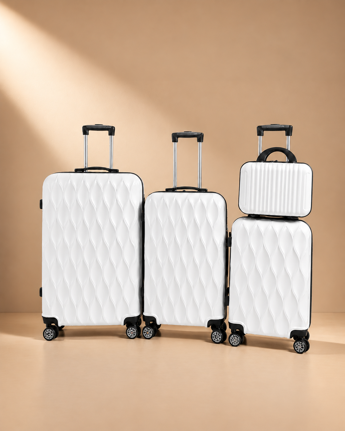 Anstruther white 4 piece hard shell suitcase set with matching travel bag and glossy quilted finish