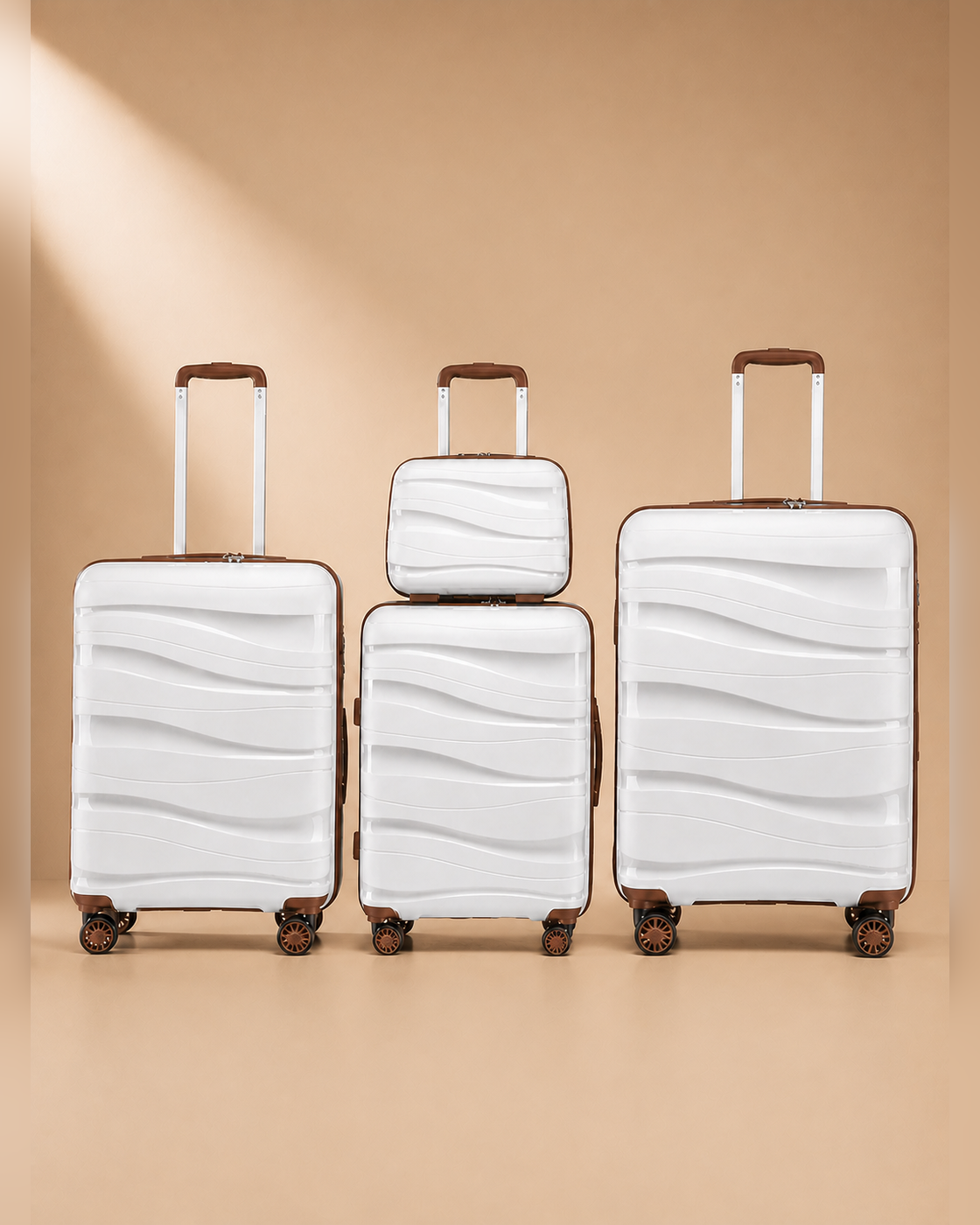 Rhosneigr 4 Piece Hard Shell Suitcase Set - White & Brown colour variant. Clean premium studio product photography with smooth background and polished hard shell suitcase finish.