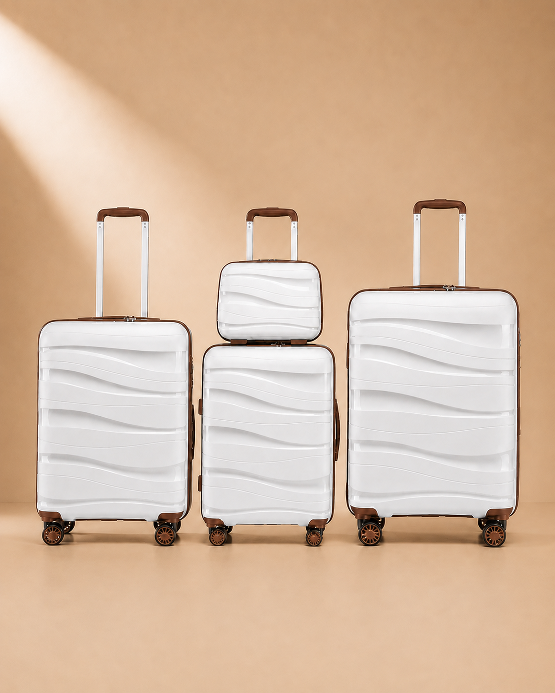 Rhosneigr 4 Piece Hard Shell Suitcase Set - White & Brown colour variant. Premium studio product photography with clean continuous background and polished hard shell suitcase finish.