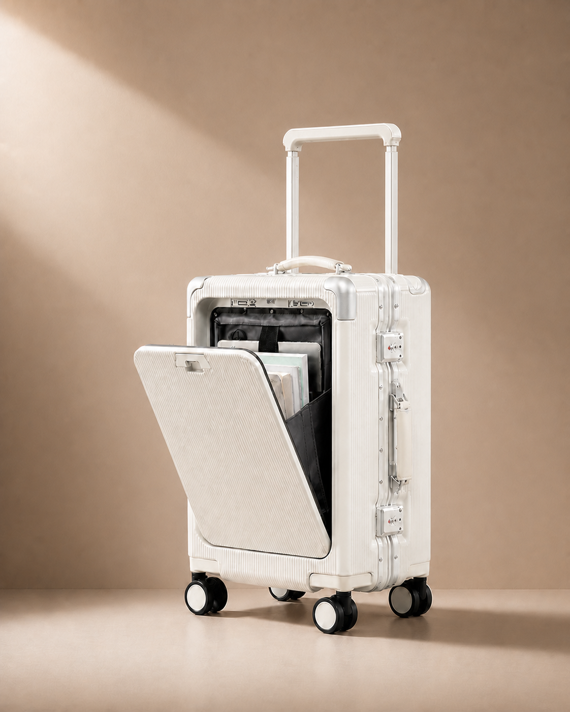 Polperro Aluminium Frame Cabin Suitcase with Cup Holder - 20/24/26 Inch - White colour variant. Clean premium studio product photography with smooth background and polished suitcase finish.