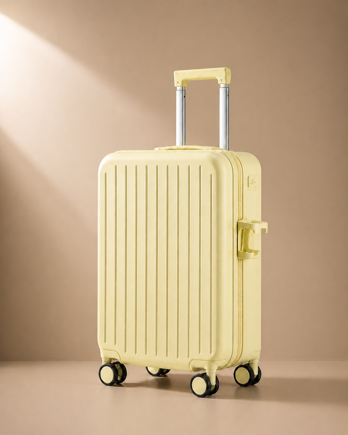 Gunwalloe yellow cabin suitcase with cup holder and smooth spinner wheels