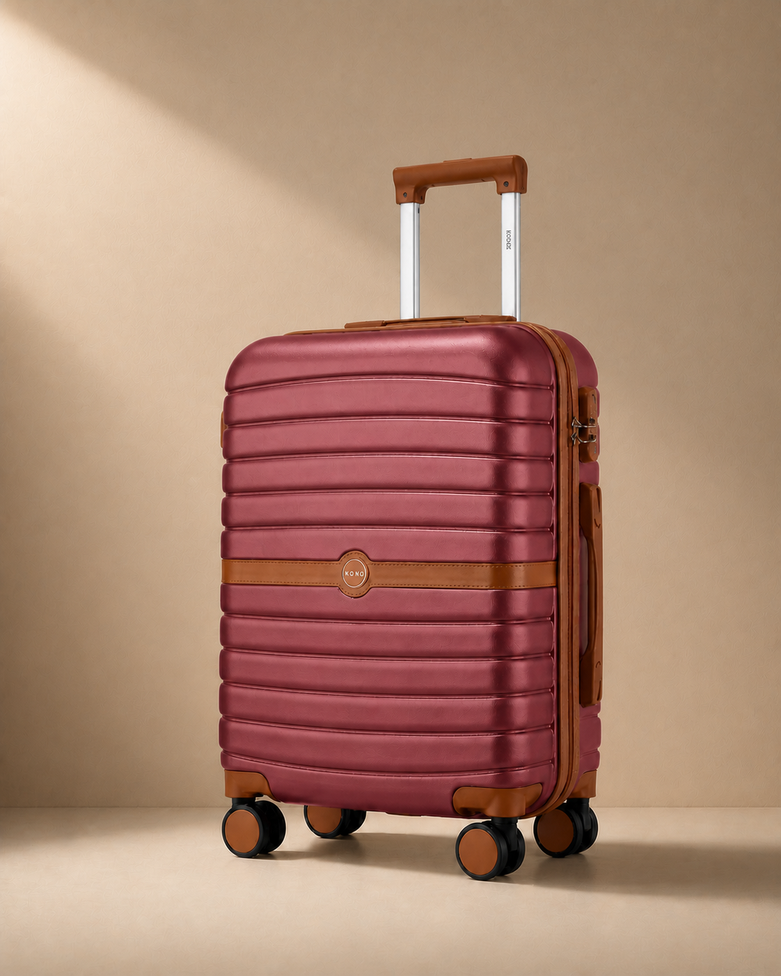 Red Padstow lightweight hard shell cabin suitcase with brown trim