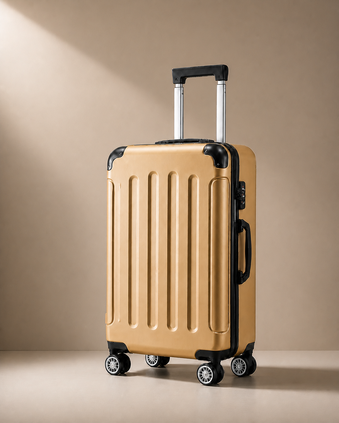 Lulworth Hard Shell Trolley Cabin Suitcase - 20 Inch - Gold clean premium studio image. Smooth background, polished suitcase finish, high-end travel product photography.