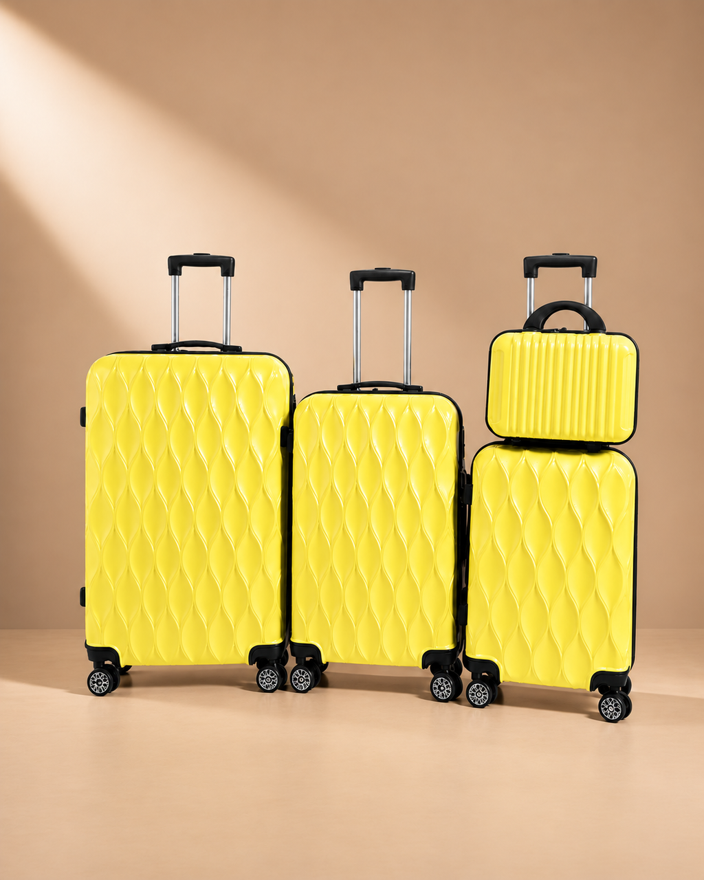 Anstruther yellow 4 piece hard shell suitcase set with matching travel bag and spinner wheels