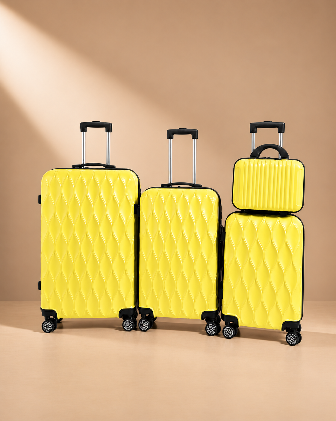 Anstruther yellow 4 piece hard shell suitcase set with matching travel bag and spinner wheels